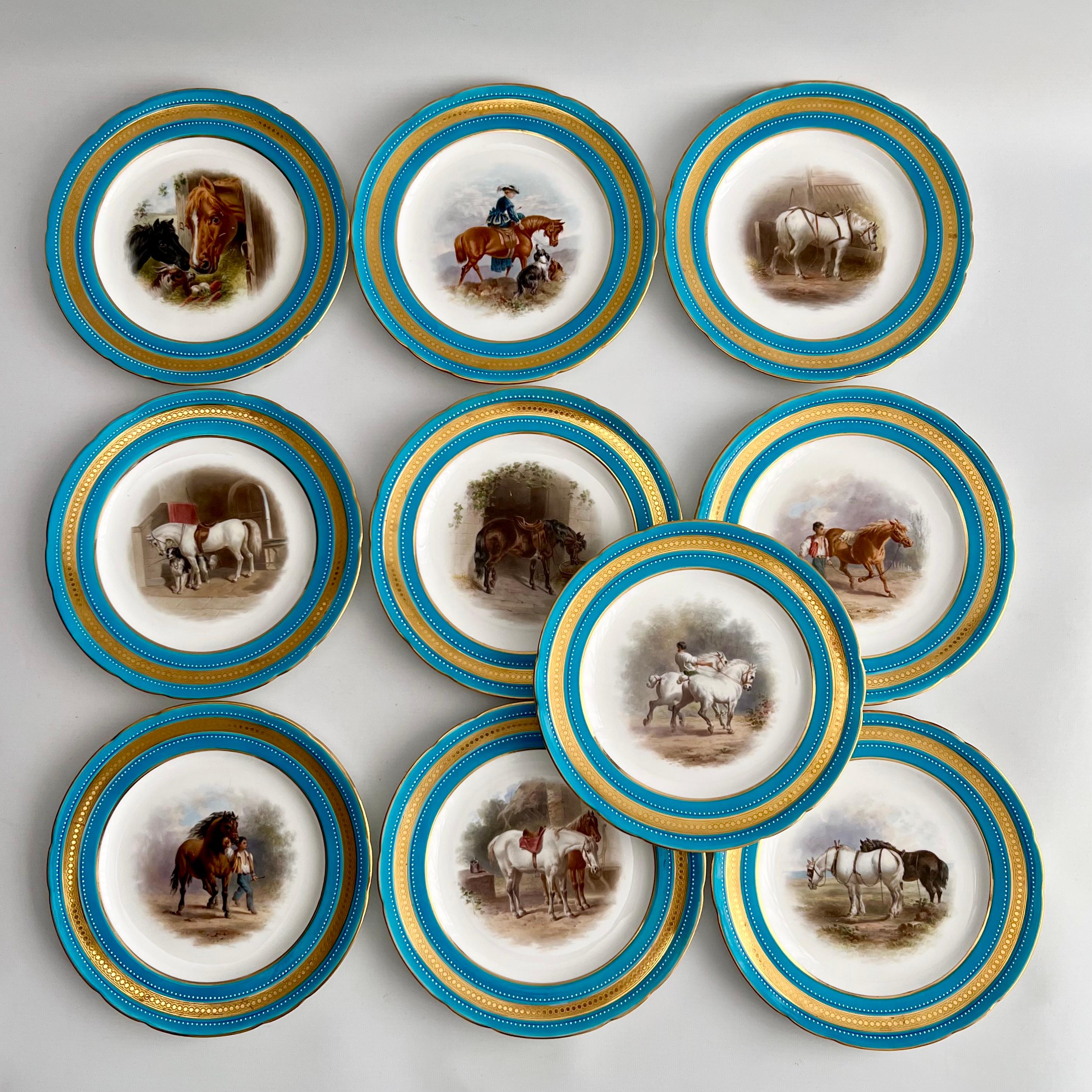 Minton Porcelain Dessert Service, Turquoise, Equestrian Horses, Victorian, 1871 For Sale 1