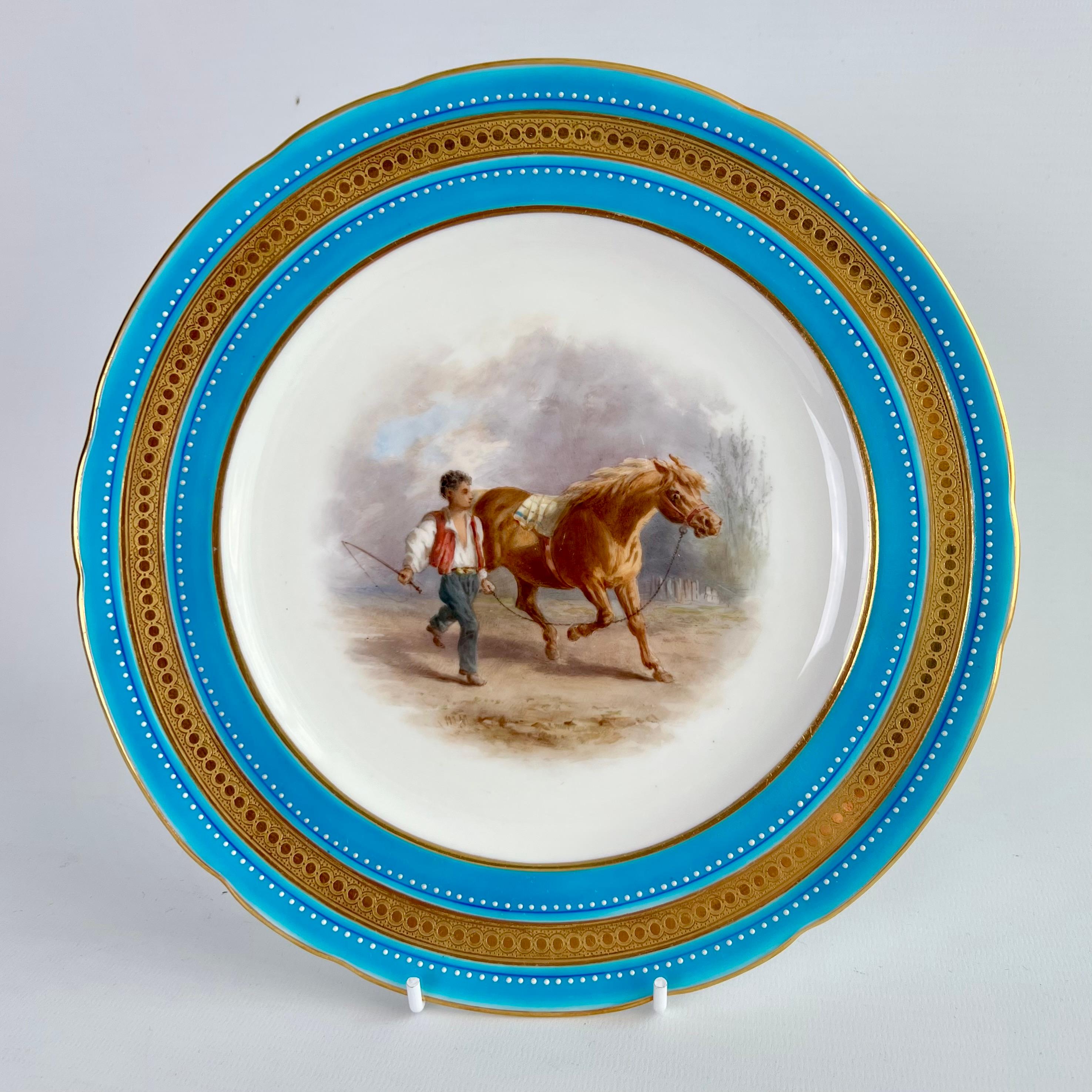 Minton Porcelain Dessert Service, Turquoise, Equestrian Horses, Victorian, 1871 For Sale 2