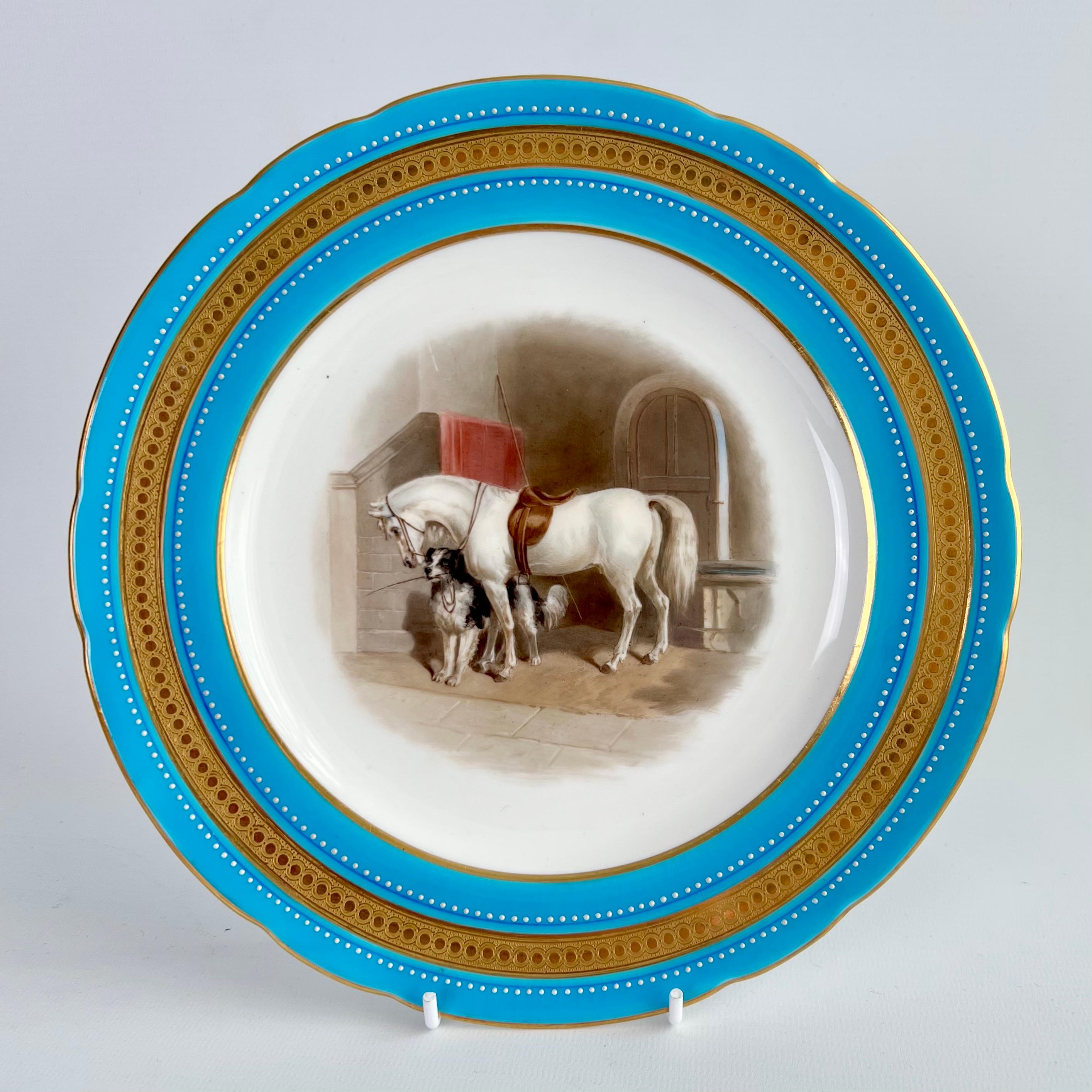 Minton Porcelain Dessert Service, Turquoise, Equestrian Horses, Victorian, 1871 For Sale 5