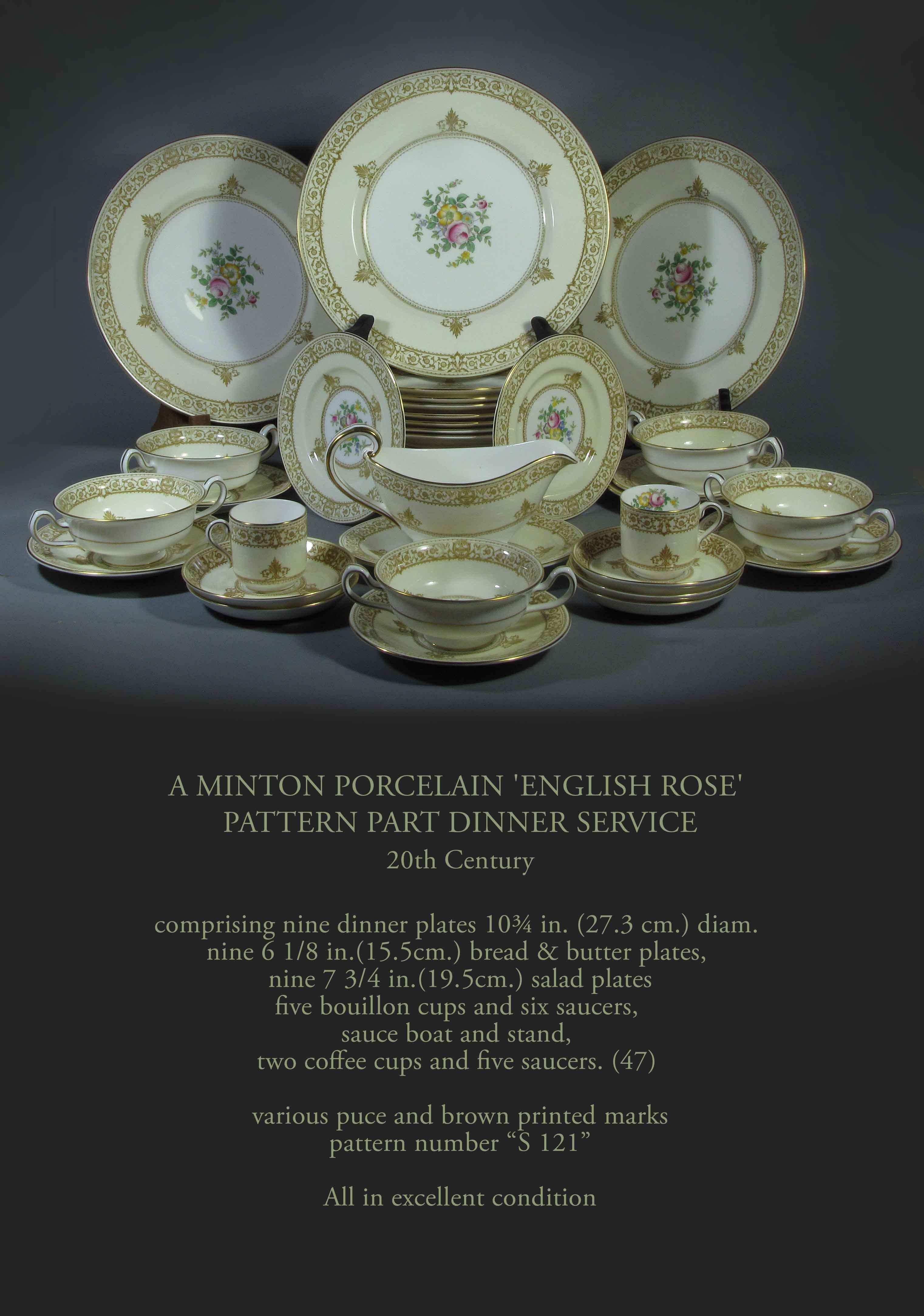 A Minton porcelain 'English Rose'
pattern part dinner service
20th century.

Comprising nine dinner plates 10¾ in. (27.3 cm.) diameter. 
Nine 6 1/8 in.(15.5cm.) bread and butter plates, 
Nine 7 3/4 in.(19.5cm.) salad plates,
Five bouillon