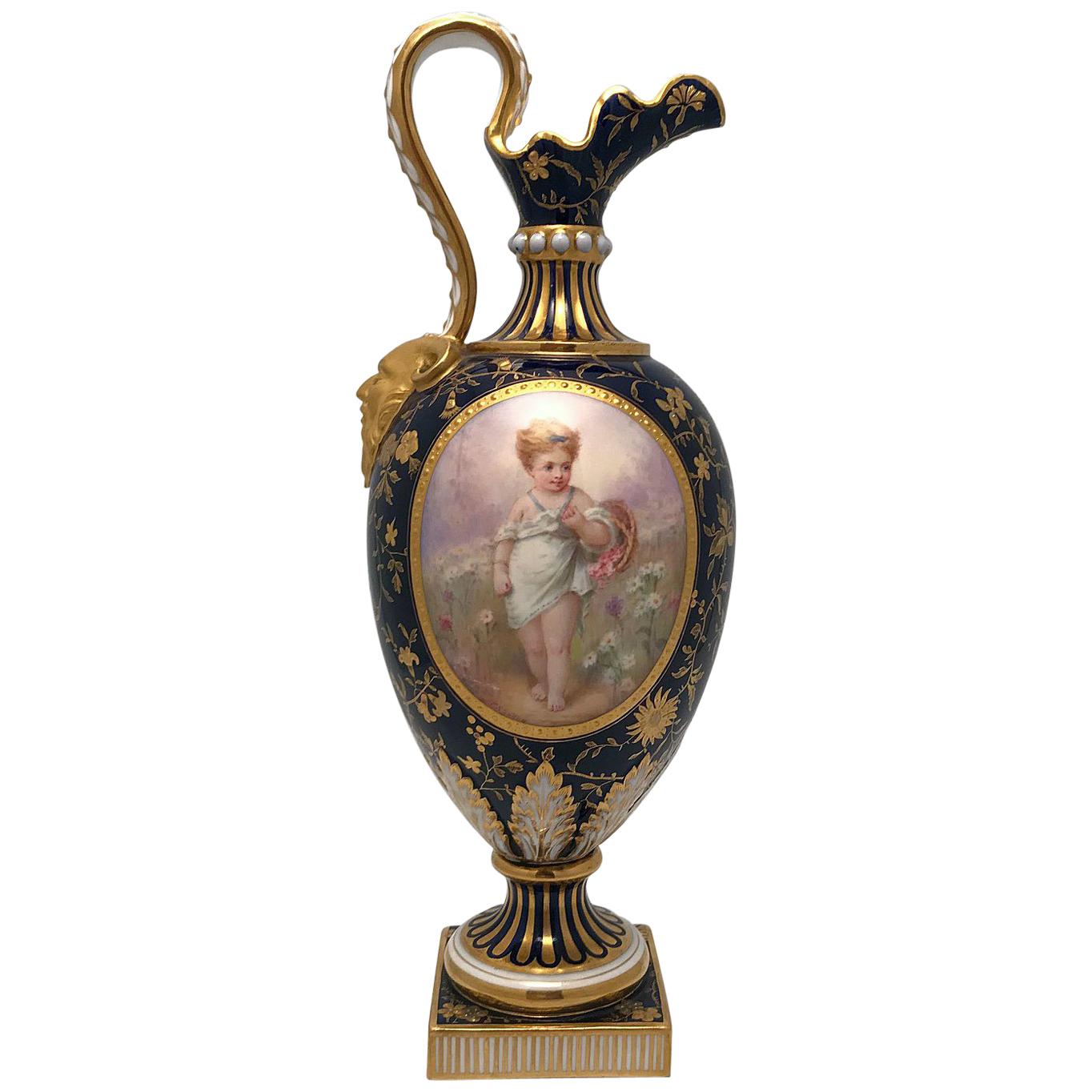 Minton Porcelain Ewer, Painted with a Child on a Blue and Gilt Ground