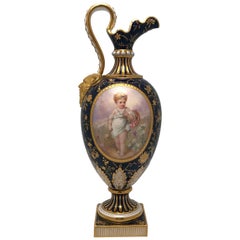 Minton Porcelain Ewer, Painted with a Child on a Blue and Gilt Ground