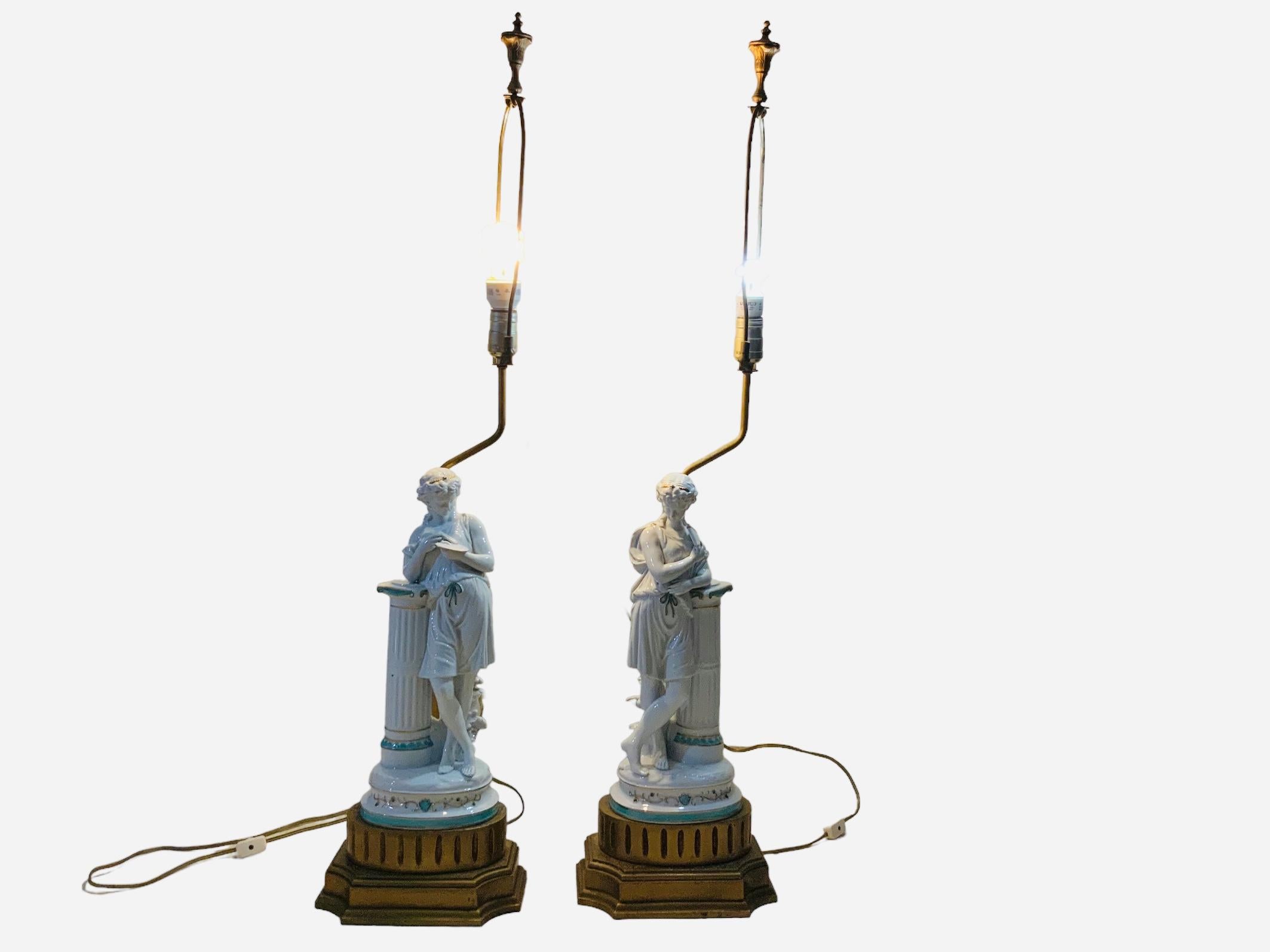 Neoclassical Revival Minton Porcelain Pair Of Greek/ Roman Figures Sculptures Table Lamps For Sale