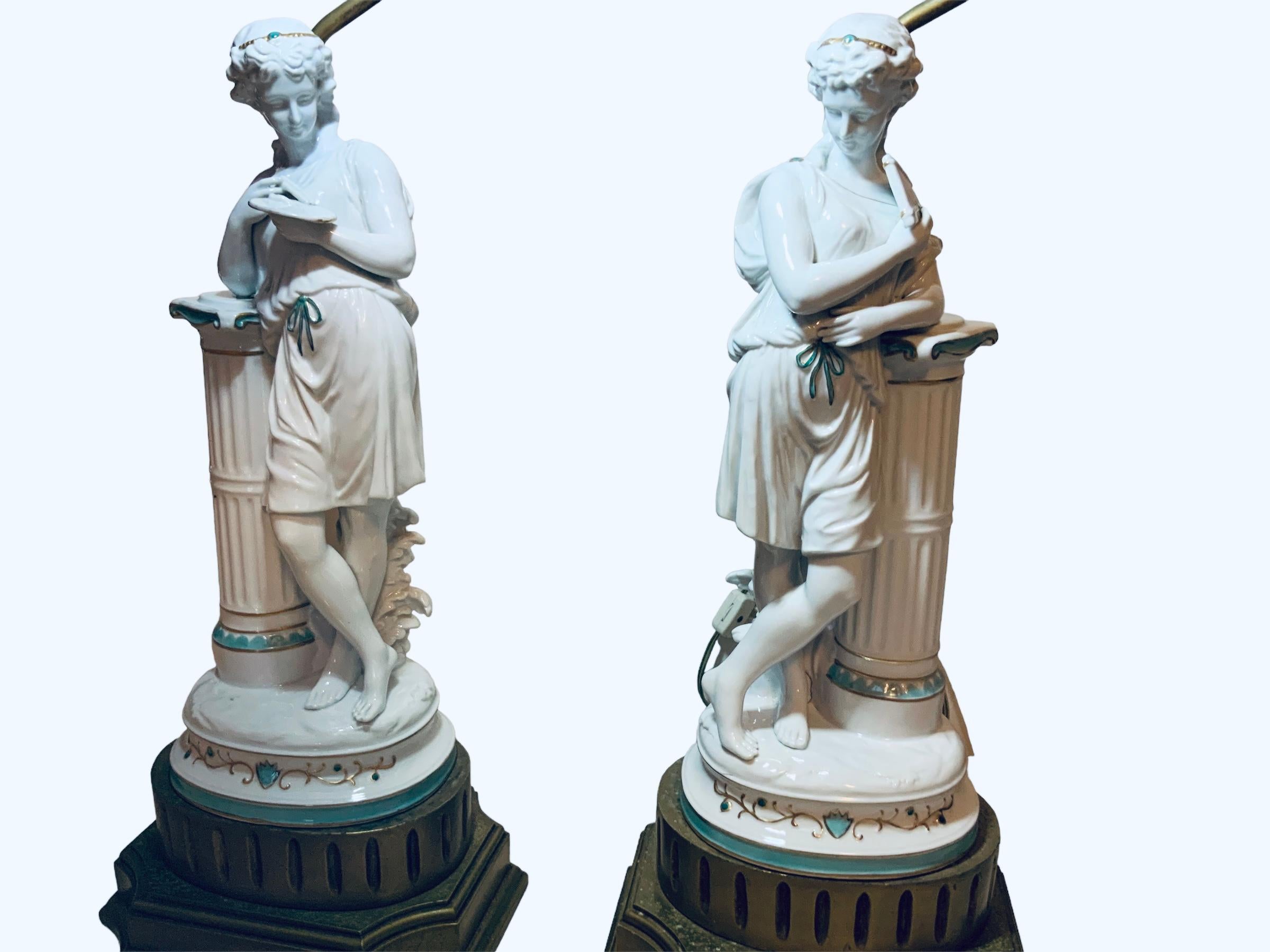 English Minton Porcelain Pair Of Greek/ Roman Figures Sculptures Table Lamps For Sale
