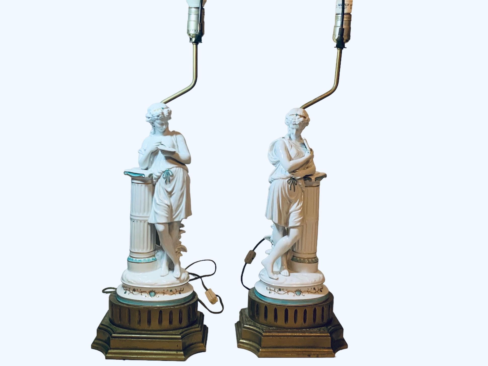 Hand-Painted Minton Porcelain Pair Of Greek/ Roman Figures Sculptures Table Lamps For Sale