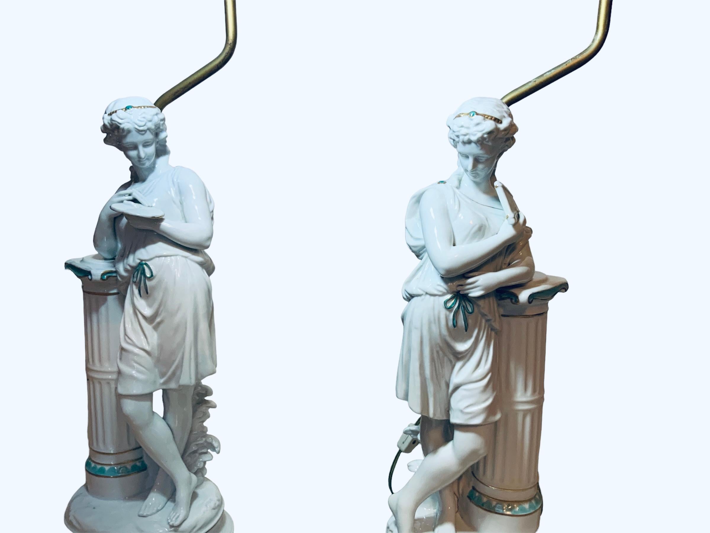 20th Century Minton Porcelain Pair Of Greek/ Roman Figures Sculptures Table Lamps For Sale