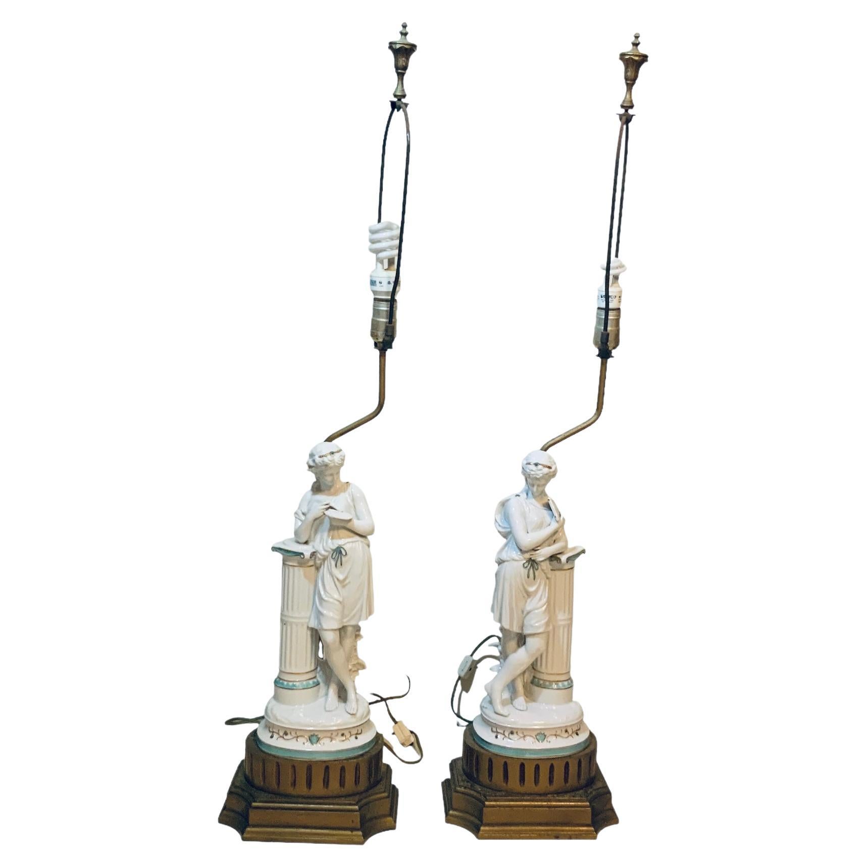 Minton Porcelain Pair Of Greek/ Roman Figures Sculptures Table Lamps For Sale