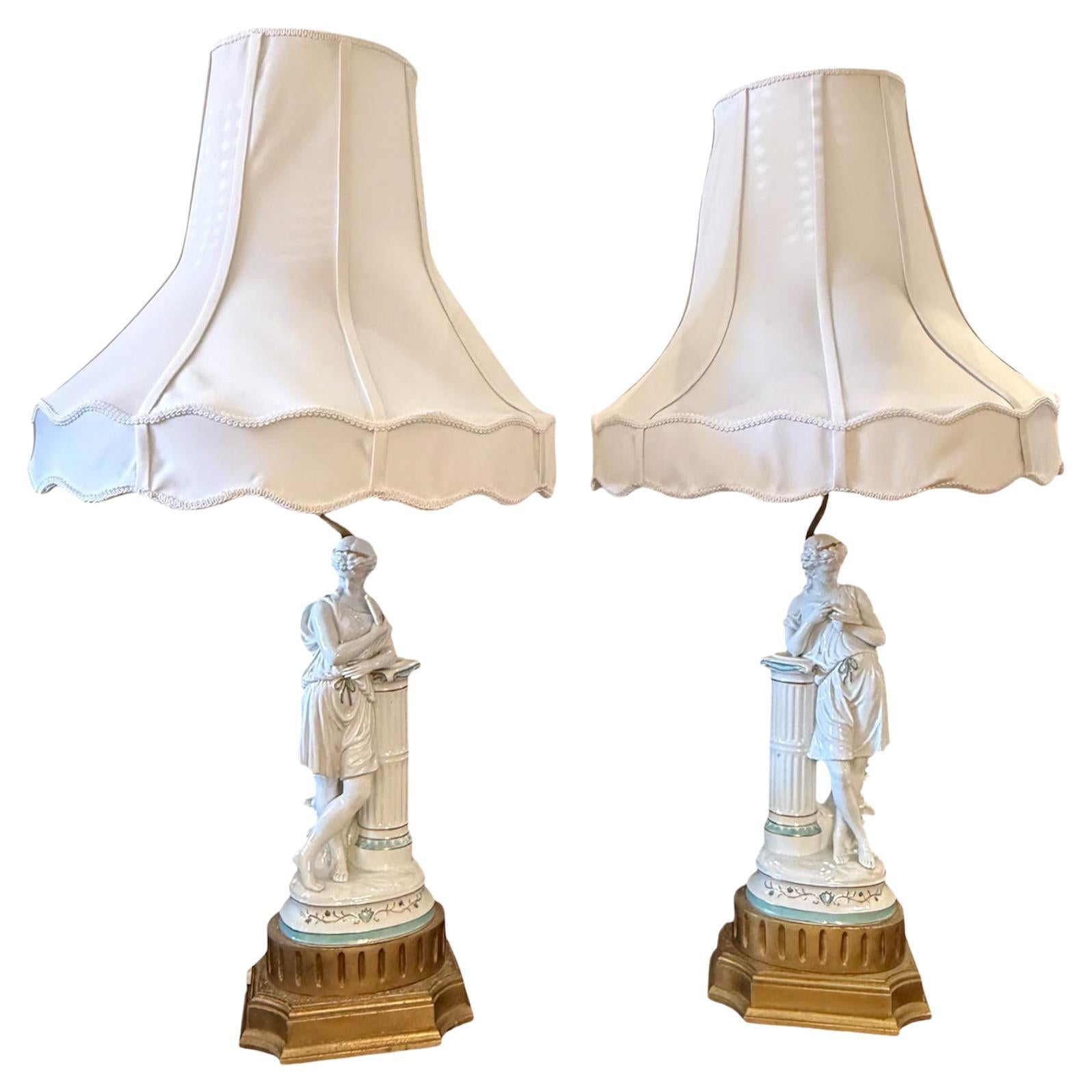 Minton Porcelain Pair Of Greek/ Roman Figures Sculptures Table Lamps