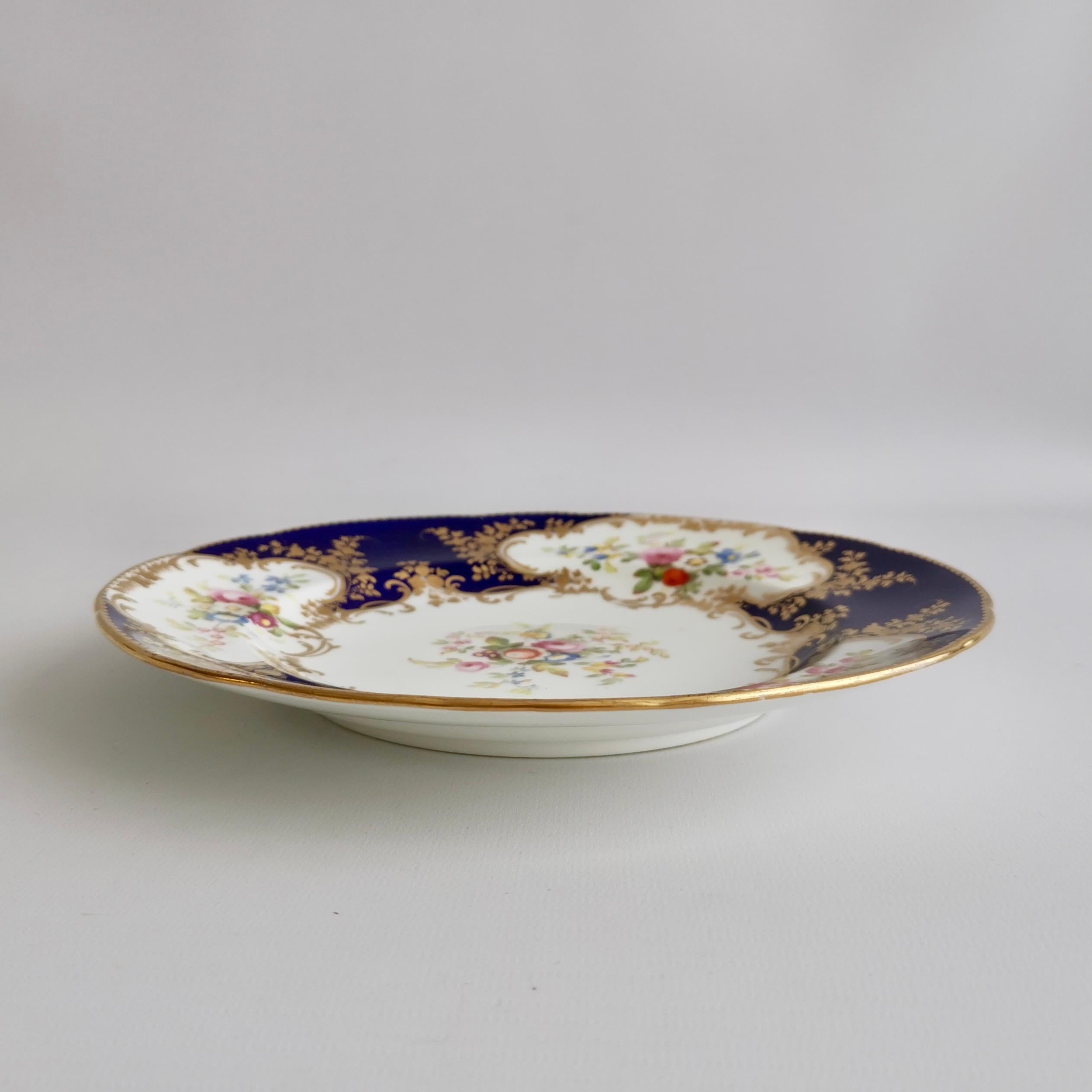 Minton Porcelain Plate, Cobalt Blue with Floral Reserves, Victorian ca 1840 4