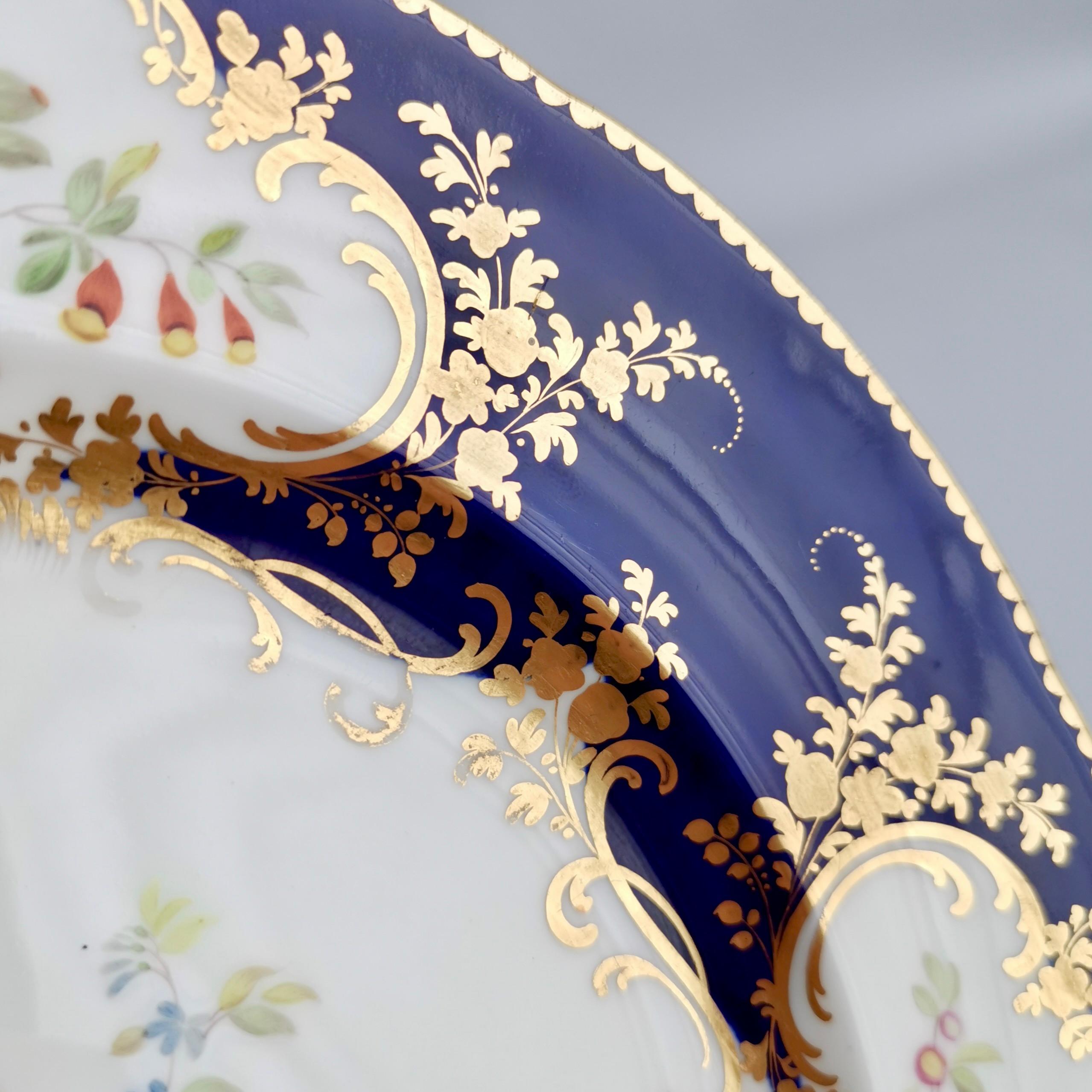 Hand-Painted Minton Porcelain Plate, Cobalt Blue with Floral Reserves, Victorian ca 1840