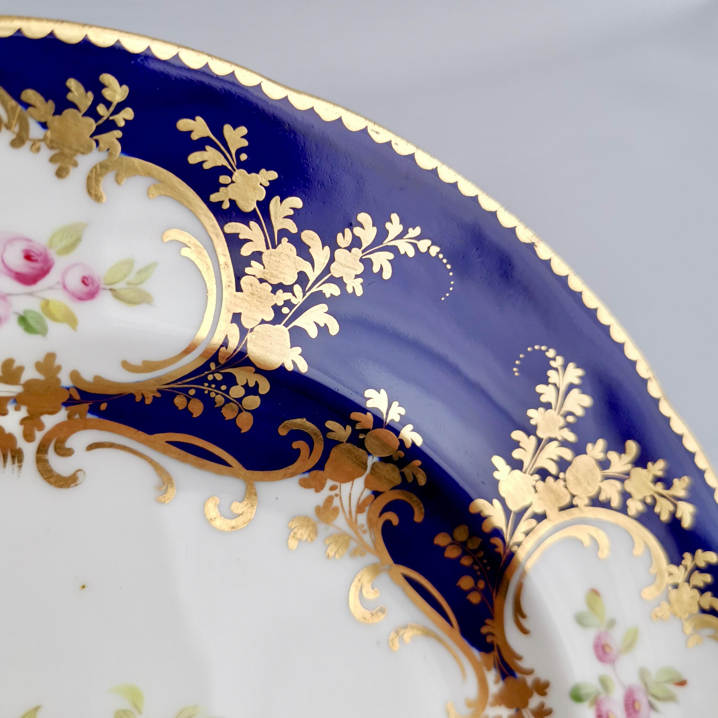 Mid-19th Century Minton Porcelain Plate, Cobalt Blue with Floral Reserves, Victorian ca 1840