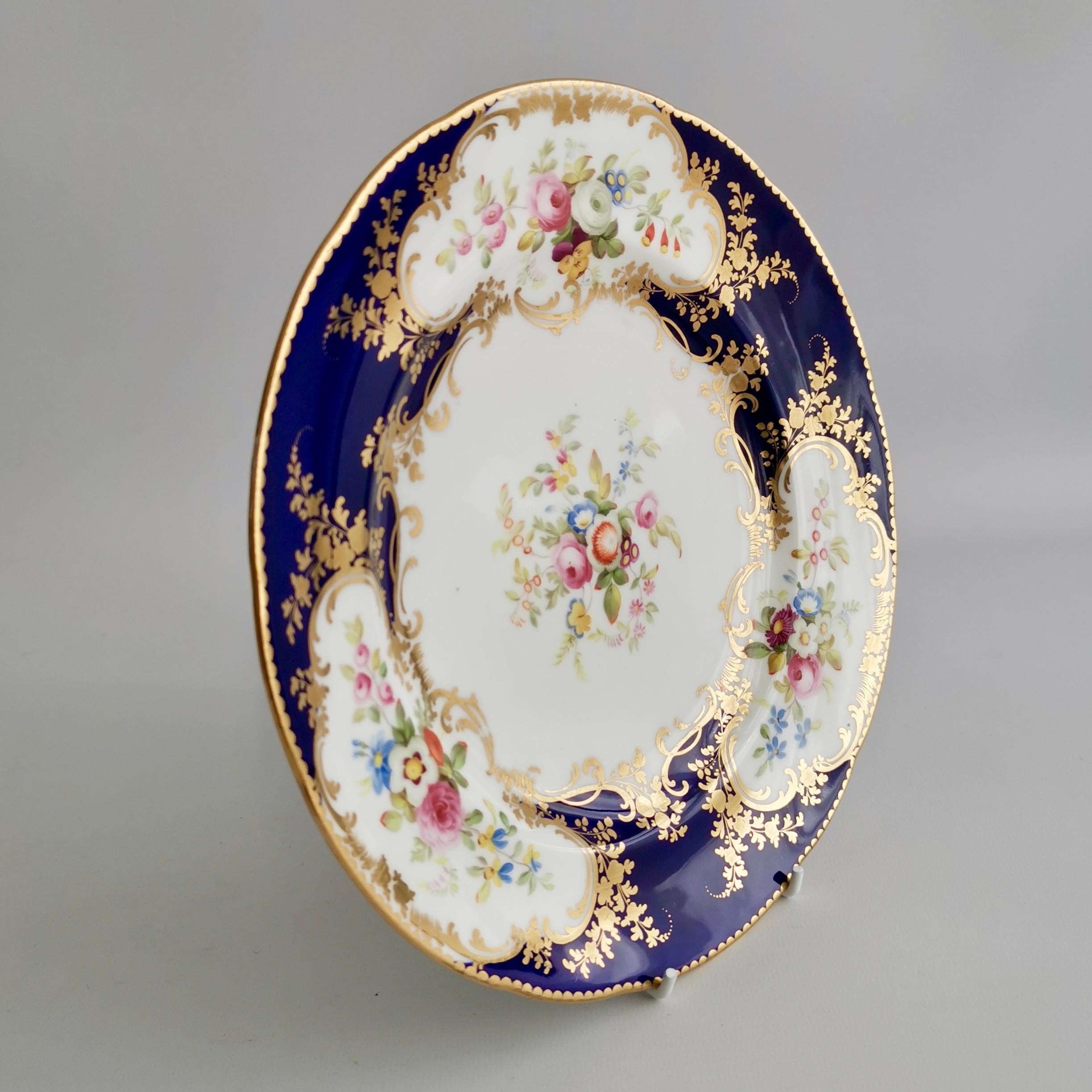 Minton Porcelain Plate, Cobalt Blue with Floral Reserves, Victorian ca 1840 3