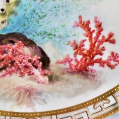 Minton Porcelain Plate, Coral Scene by W. Mussill, Pierced Greek Border, 1873