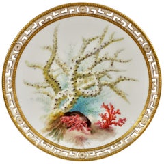 Used Minton Porcelain Plate, Coral Scene by W. Mussill, Pierced Greek Border, 1873