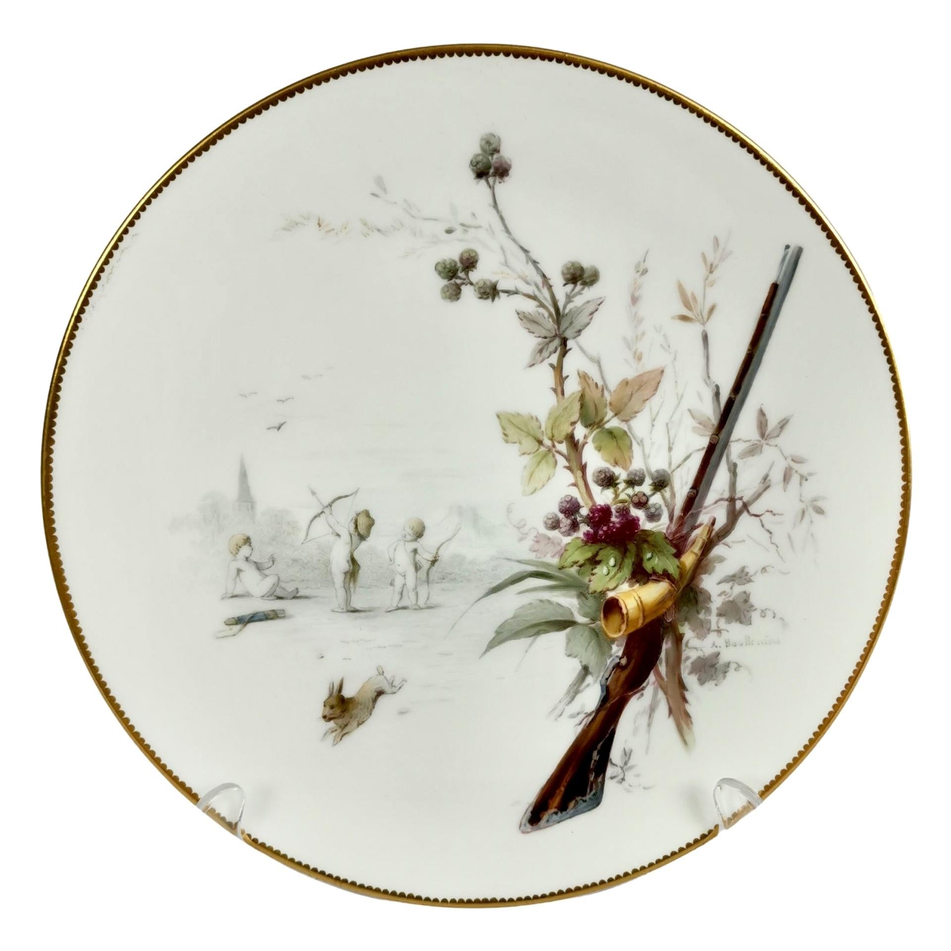 Assiette en porcelaine de Minton, scène de putti et de lapin par A. Boullemier, vers 1885