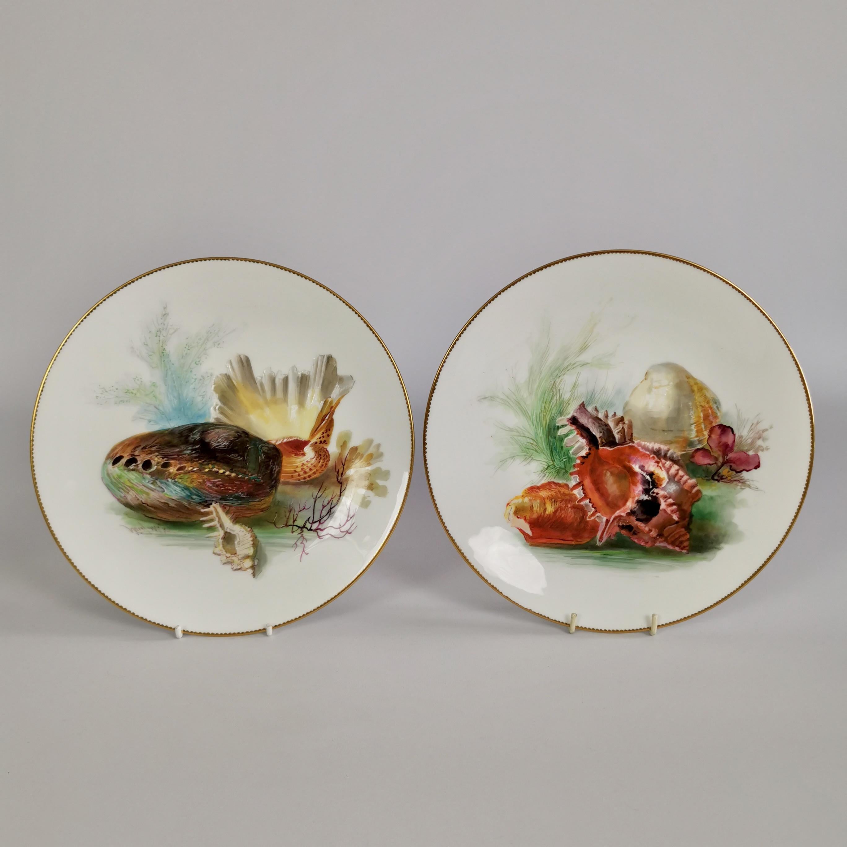 This is a rare and beautiful plate made by Minton in 1891 and painted by the famous porcelain artist Wenceslas (William) Mussill. The plate has an aquatic scene with sea shells in the centre and would have belonged to a large dessert