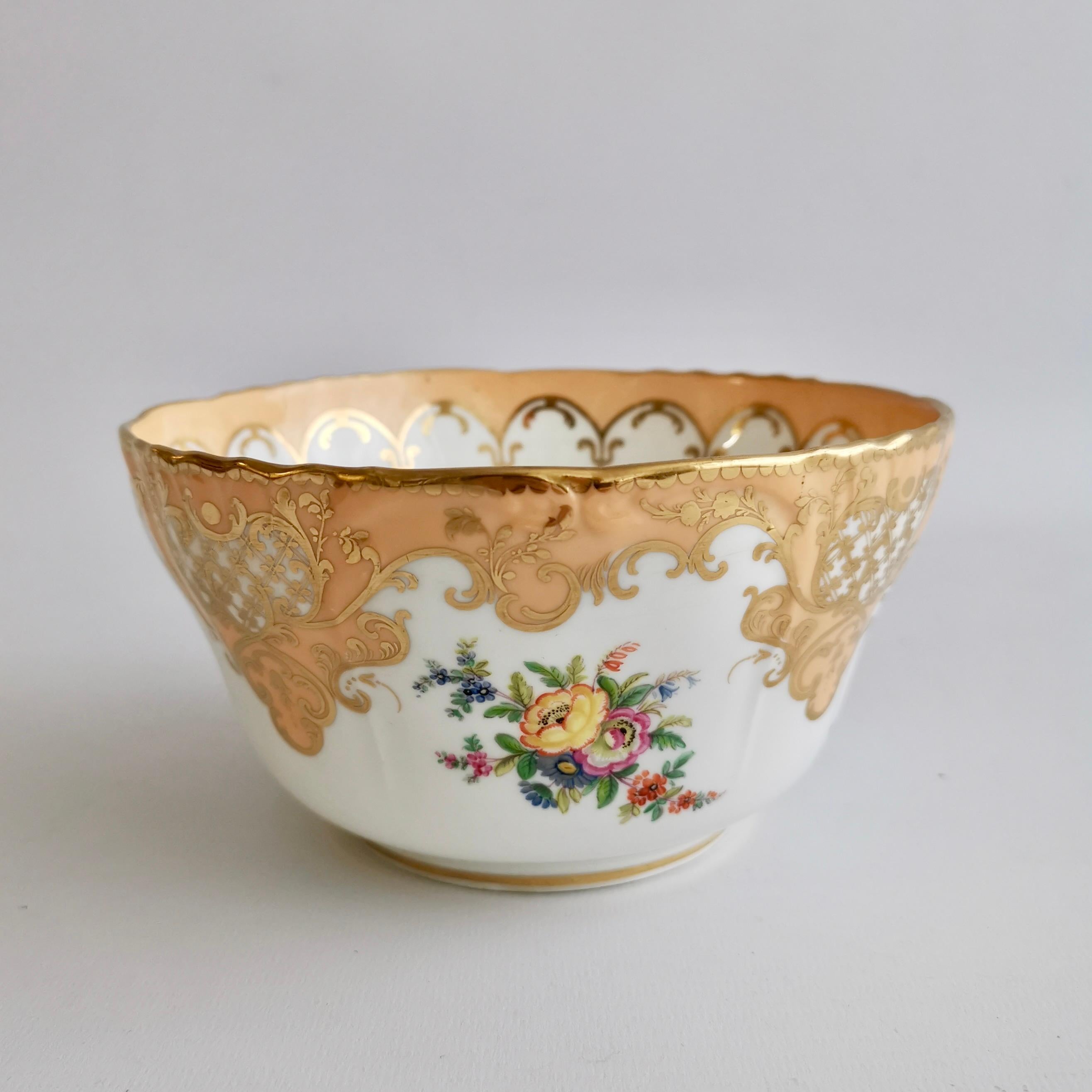 English Minton Porcelain Slop Bowl, Apricot Orange Ground, Gilt and Flowers, ca 1845