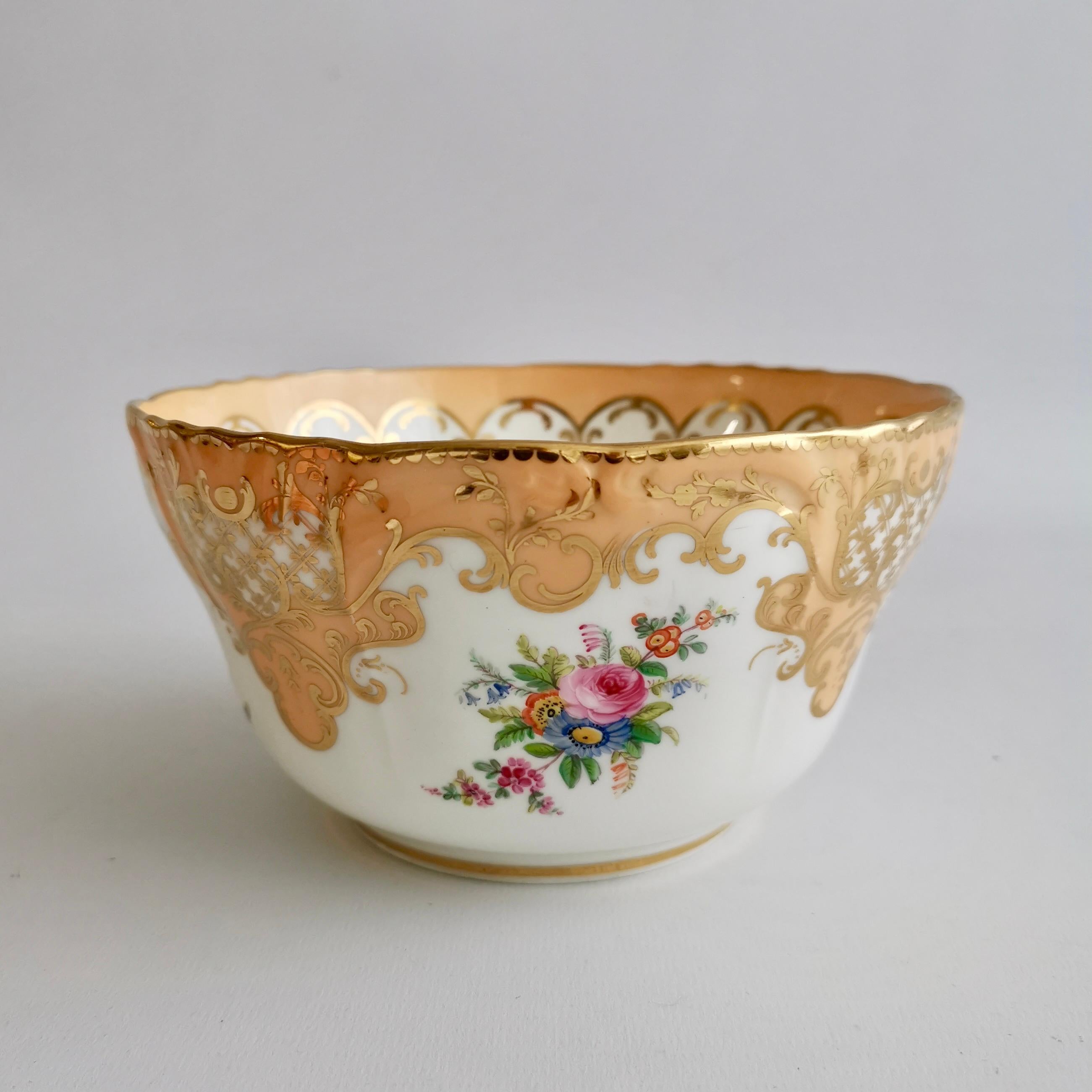Hand-Painted Minton Porcelain Slop Bowl, Apricot Orange Ground, Gilt and Flowers, ca 1845