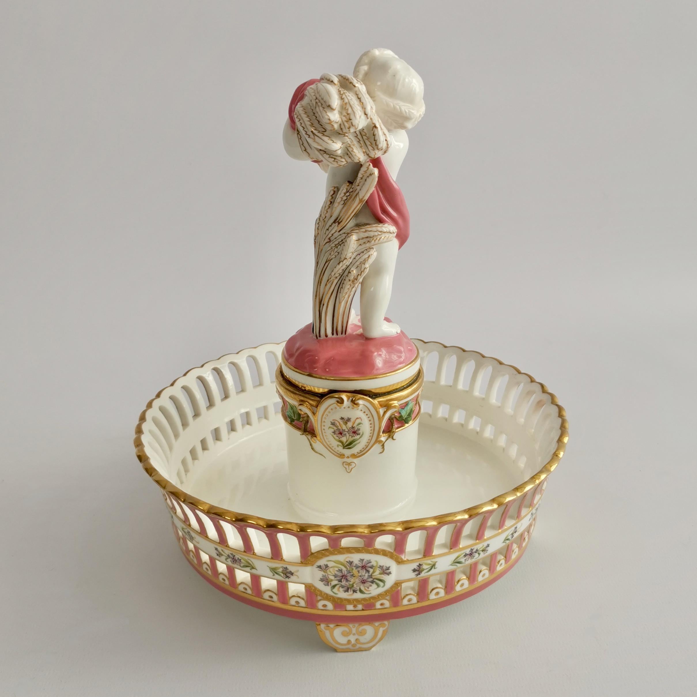 Victorian Minton Porcelain Tazza Dish, White and Pink with Cherub, 1891