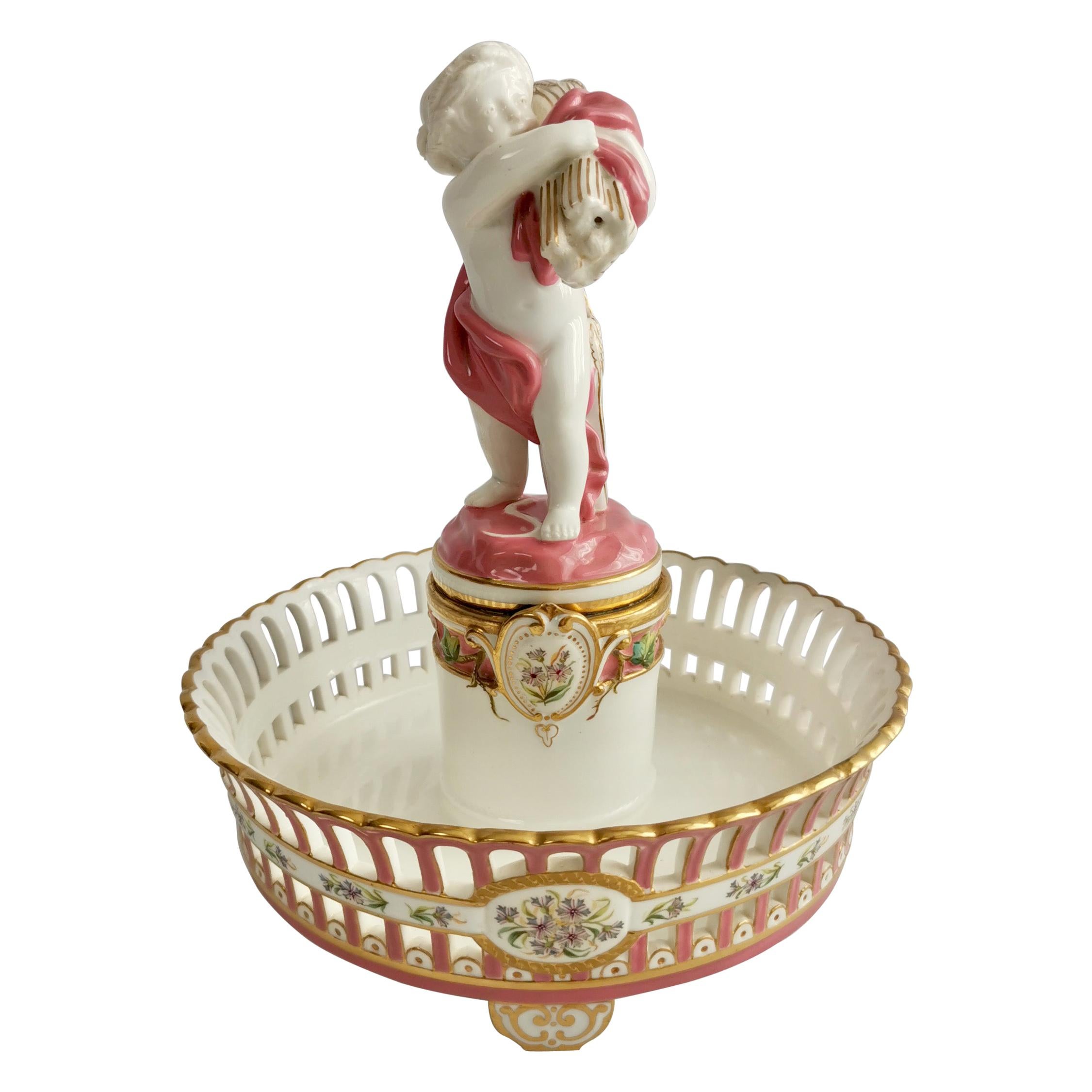 Minton Porcelain Tazza Dish, White and Pink with Cherub, 1891