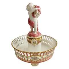 Minton Porcelain Tazza Dish, White and Pink with Cherub, 1891