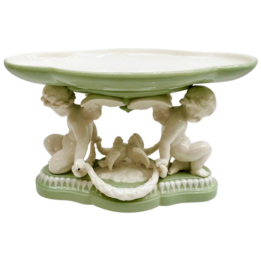 Minton Porcelain Tazza, Parian Celadon Green, Cherubs and Doves, Victorian, 1855