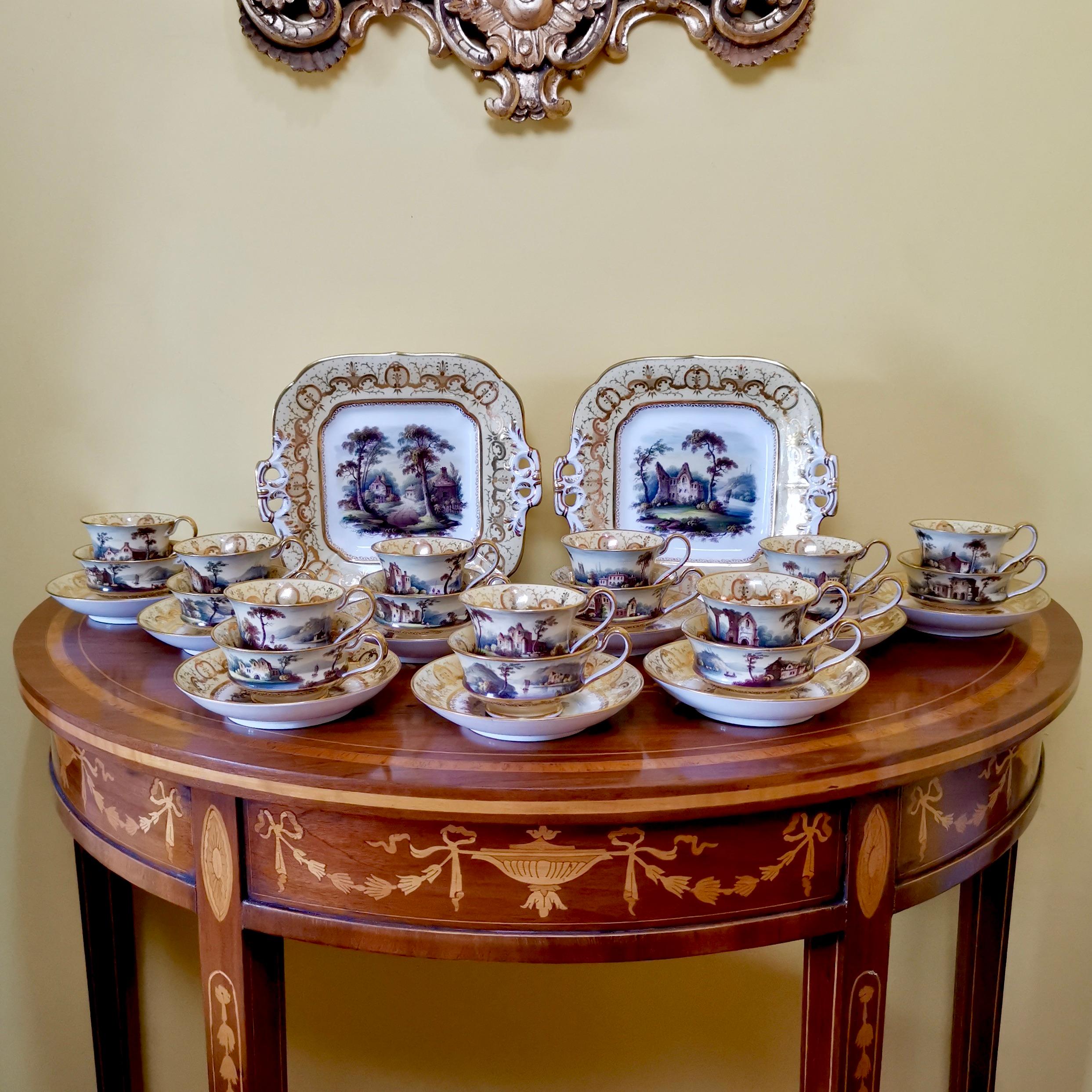 This is a stunning tea service consisting of nine true trios and two cake plates, made by Minton in circa 1825. The service is extremely rare; it has a yellow ground with sublimely hand painted landscapes. It has provenance; it came from the