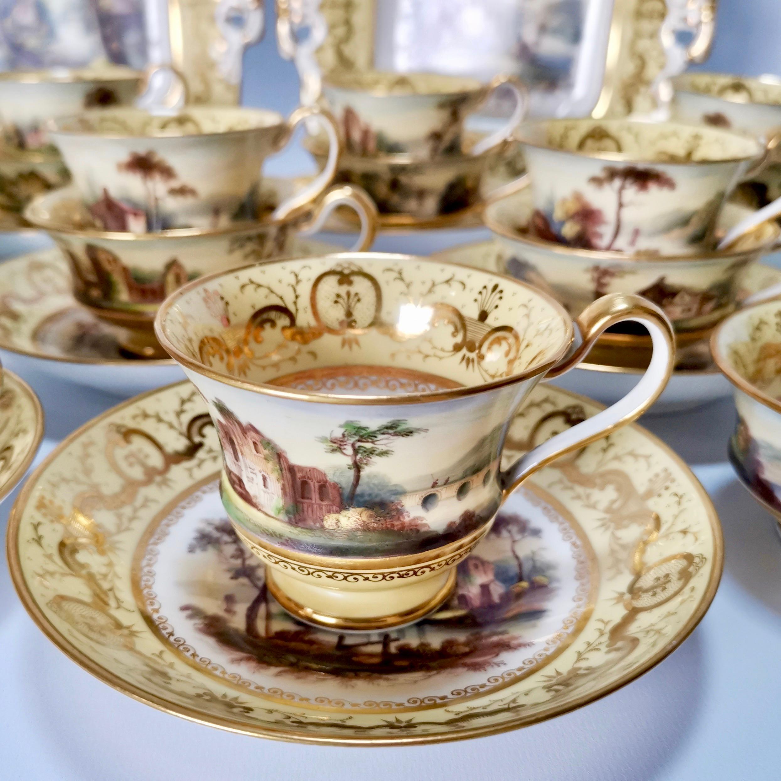 Hand-Painted Minton Porcelain Tea Service, Yellow with Landscapes, Provenance Regency