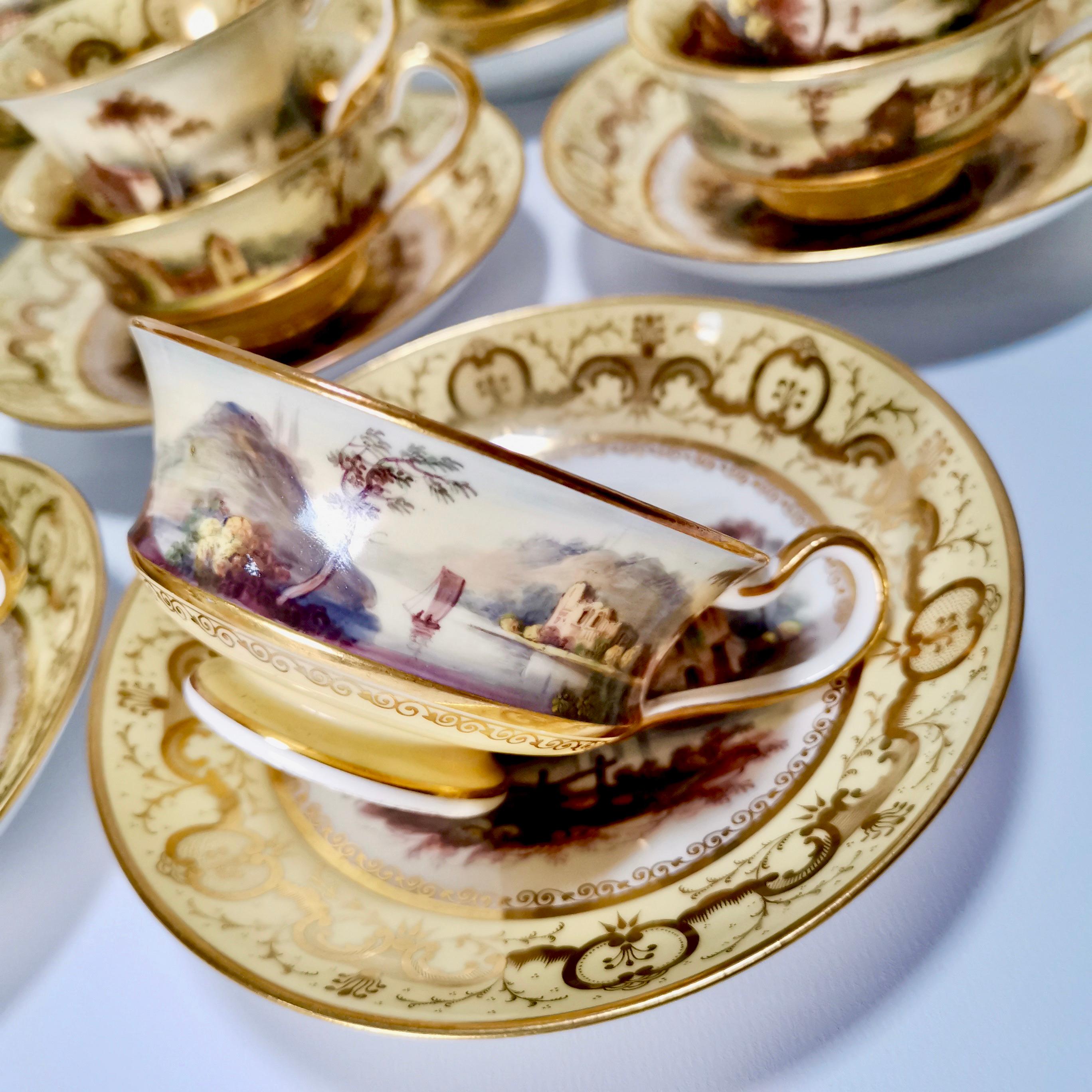 Early 19th Century Minton Porcelain Tea Service, Yellow with Landscapes, Provenance Regency
