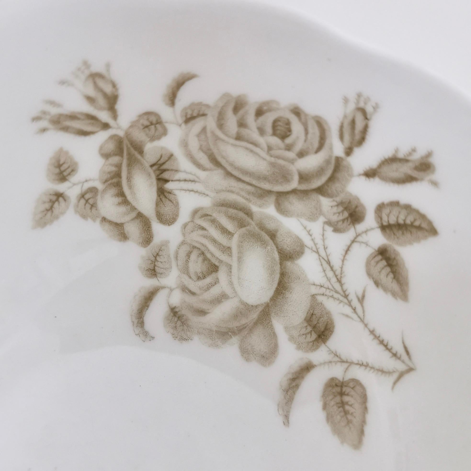 Minton Porcelain Teacup Trio, Bath Embossed White with Sepia Roses, Regency 1830 For Sale 4