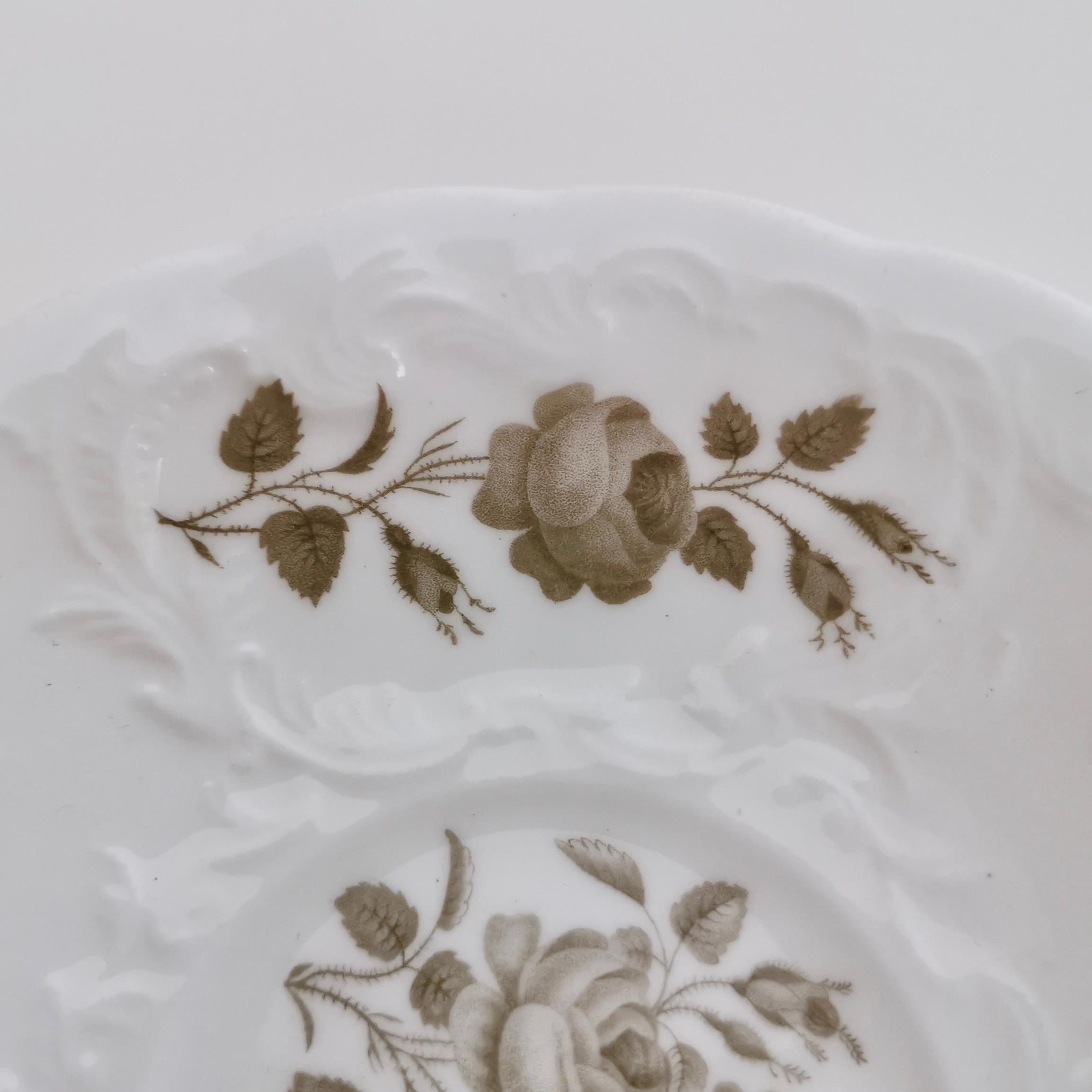Minton Porcelain Teacup Trio, Bath Embossed White with Sepia Roses, Regency 1830 For Sale 8