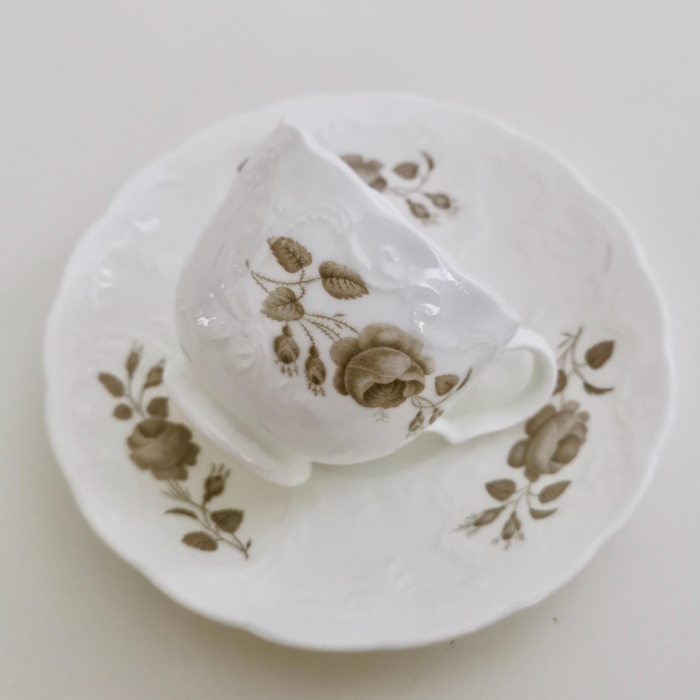Mid-19th Century Minton Porcelain Teacup Trio, Bath Embossed White with Sepia Roses, Regency 1830 For Sale