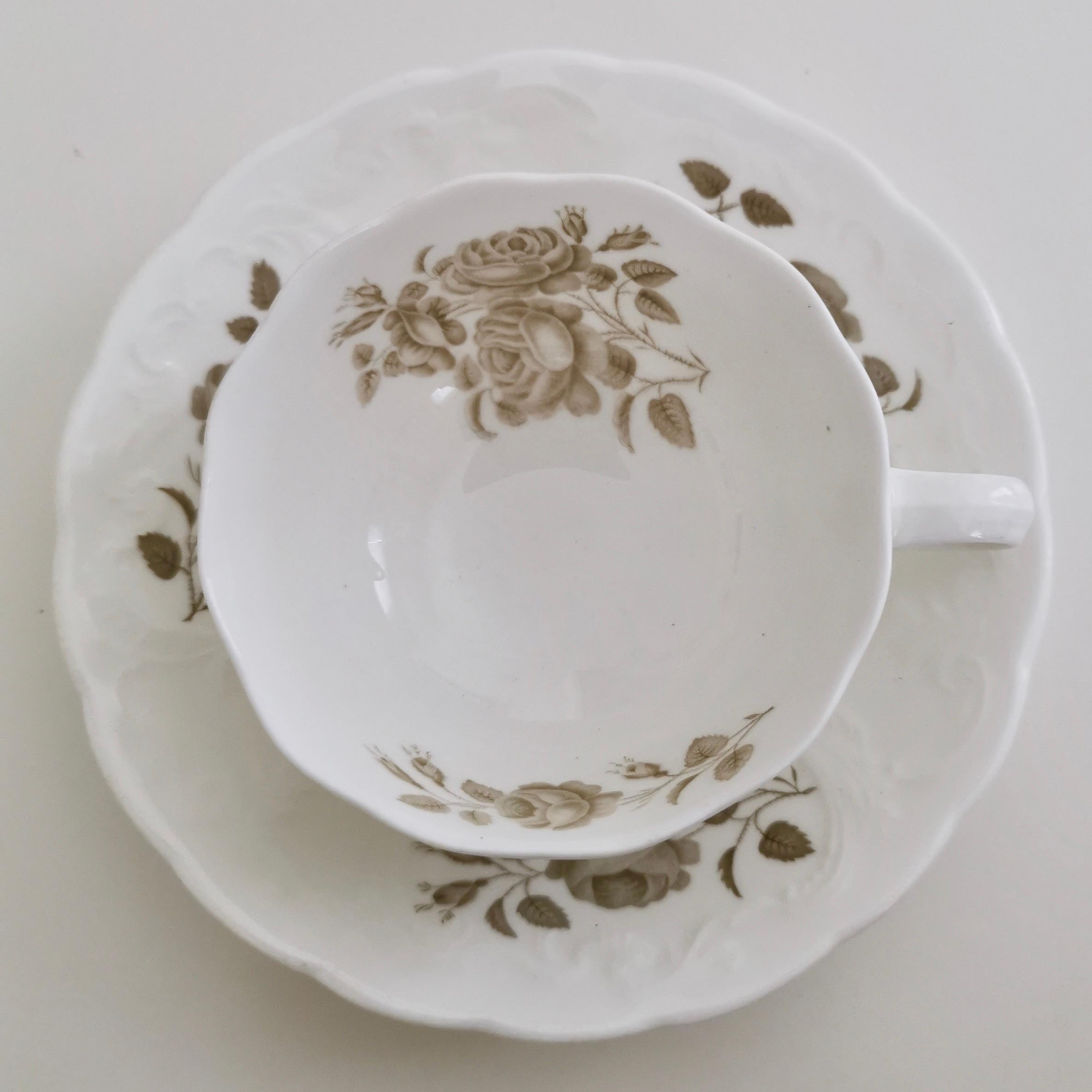 Minton Porcelain Teacup Trio, Bath Embossed White with Sepia Roses, Regency 1830 For Sale 1