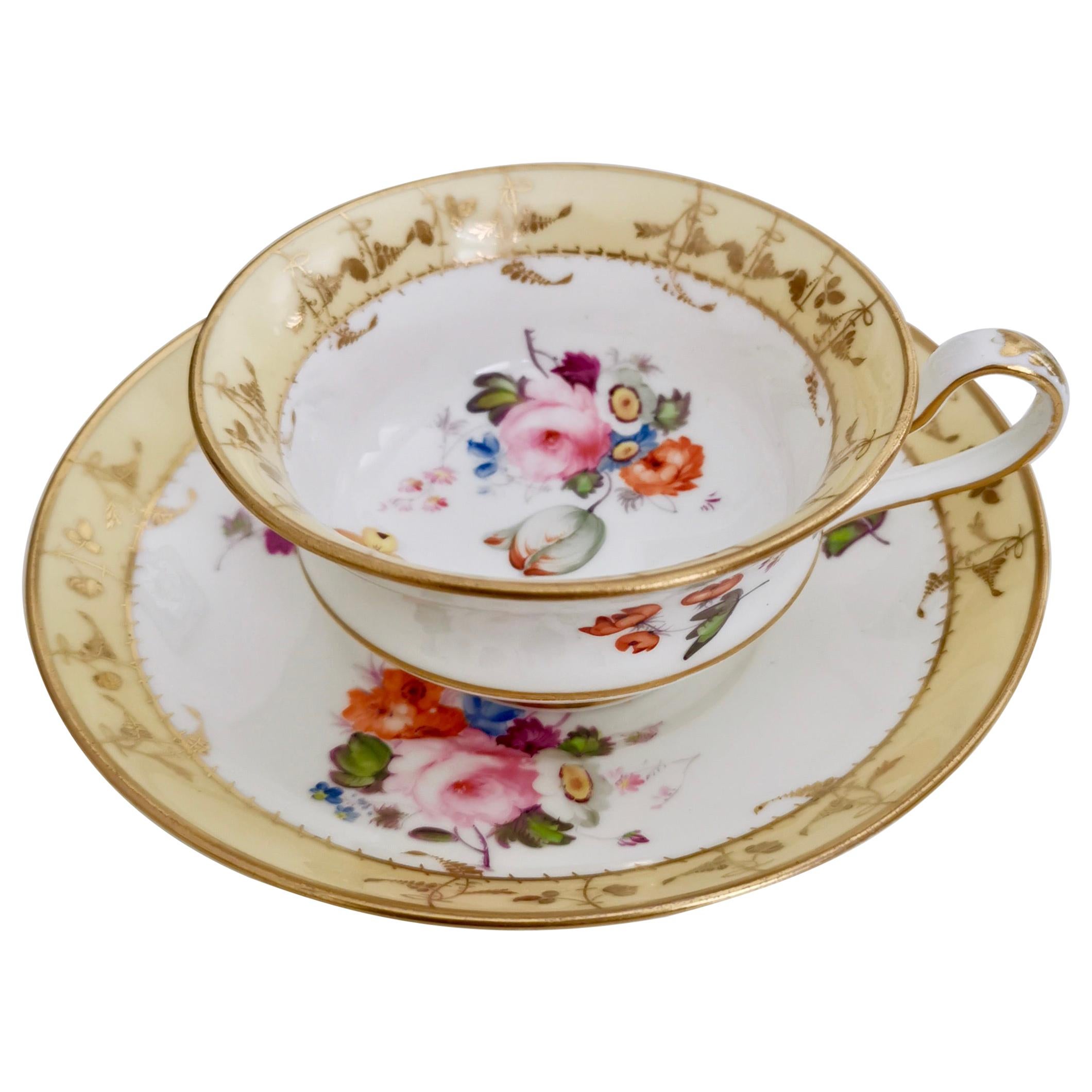 Minton Porcelain Teacup, Yellow with Hand Painted Flowers, Regency, circa 1825