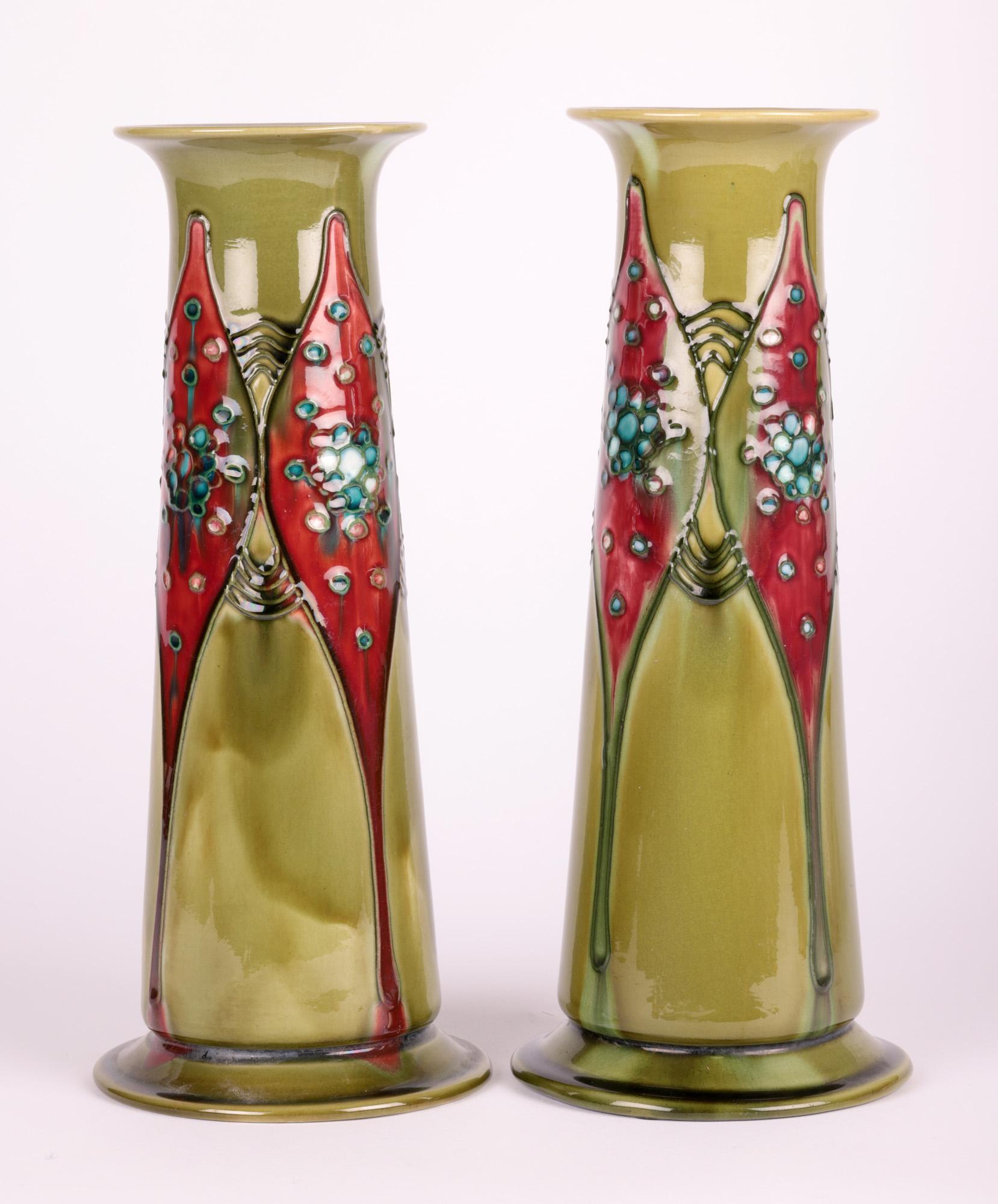 Minton Secessionist Art Nouveau Pair Tube lined Vases 2