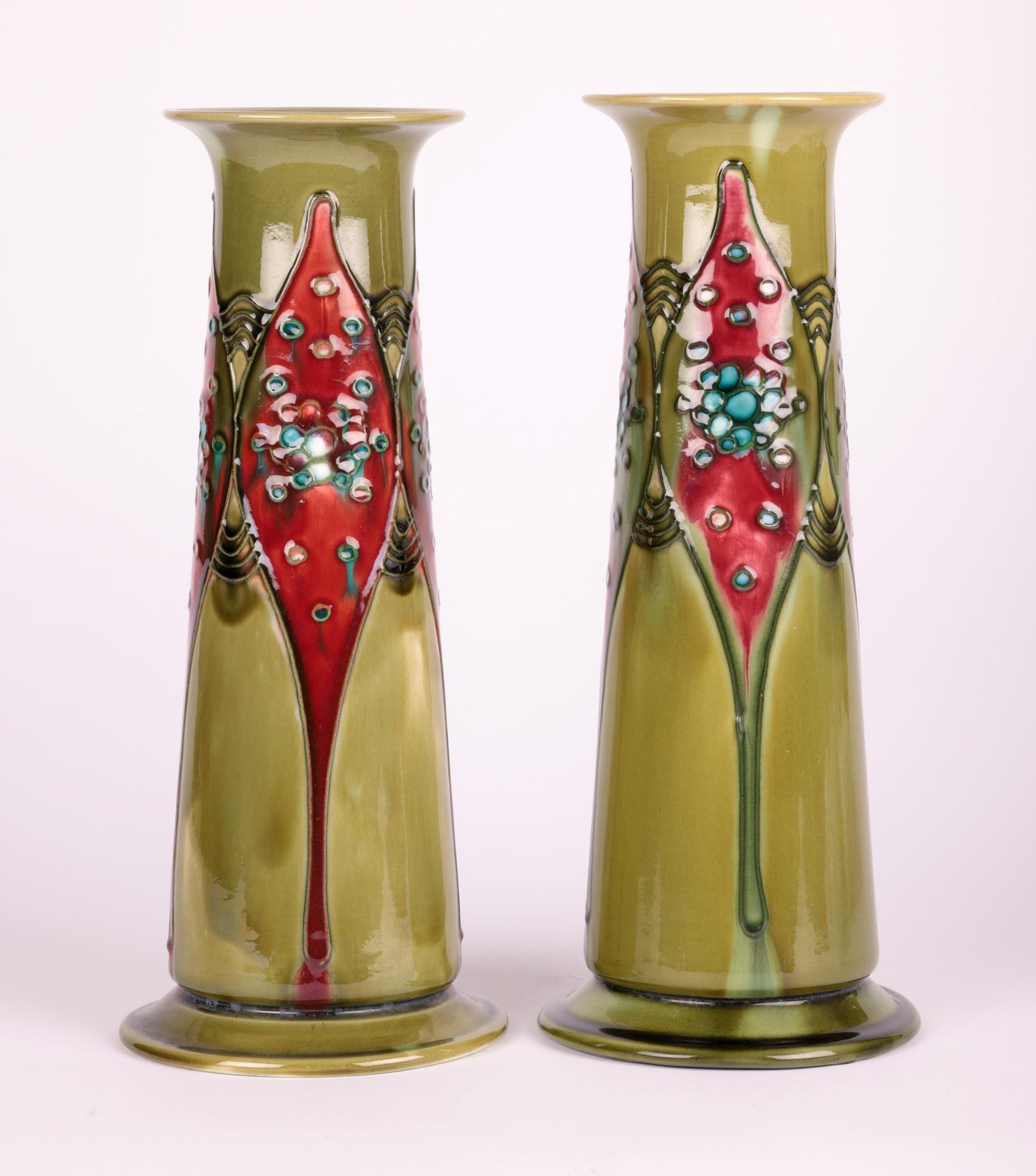 Minton Secessionist Art Nouveau Pair Tube lined Vases 5