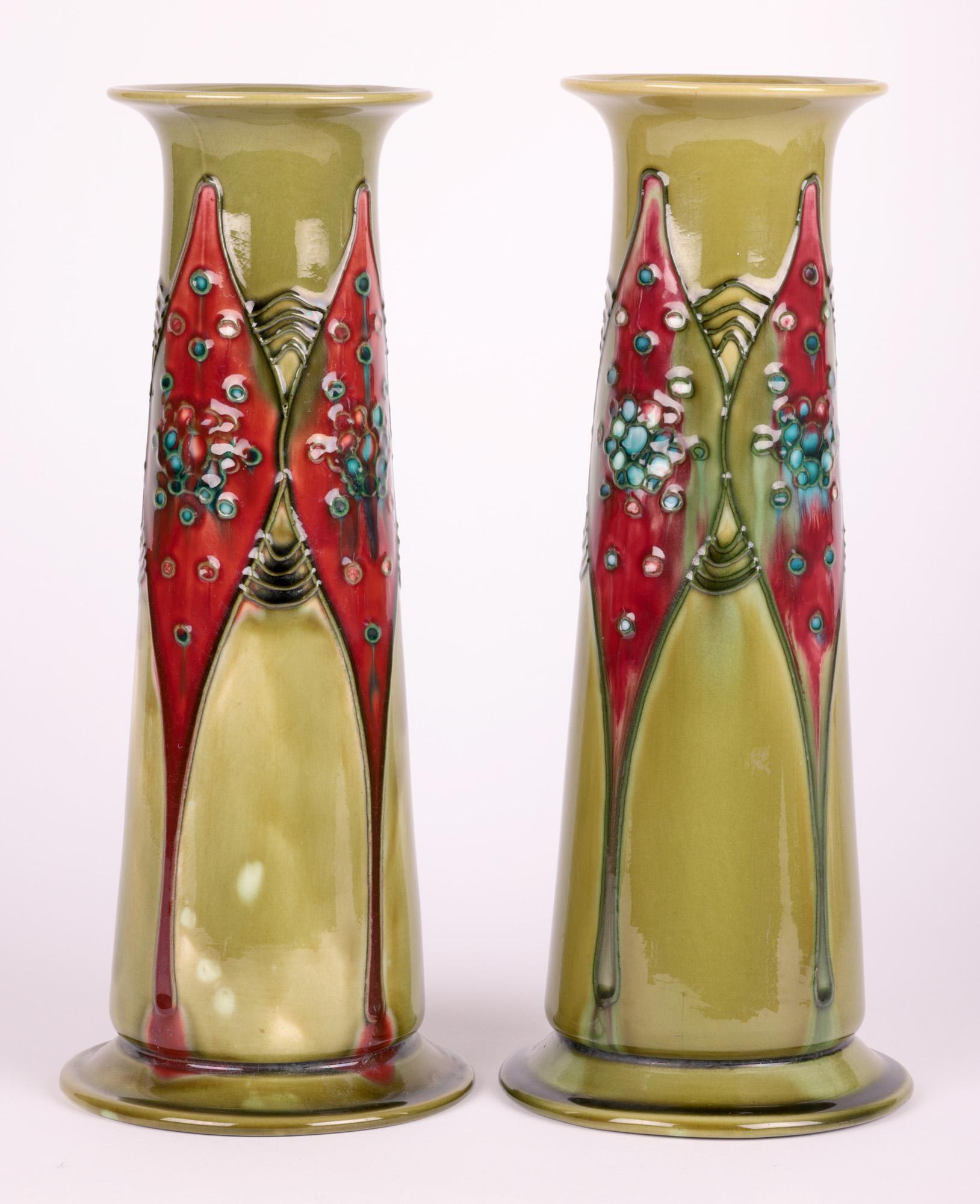 Minton Secessionist Art Nouveau Pair Tube lined Vases 8