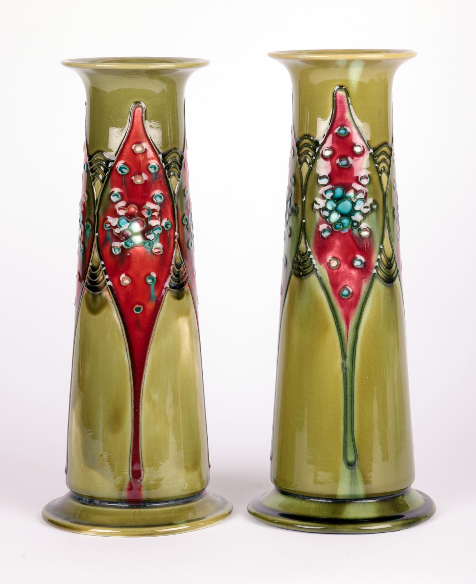 Minton Secessionist Art Nouveau Pair Tube lined Vases 12