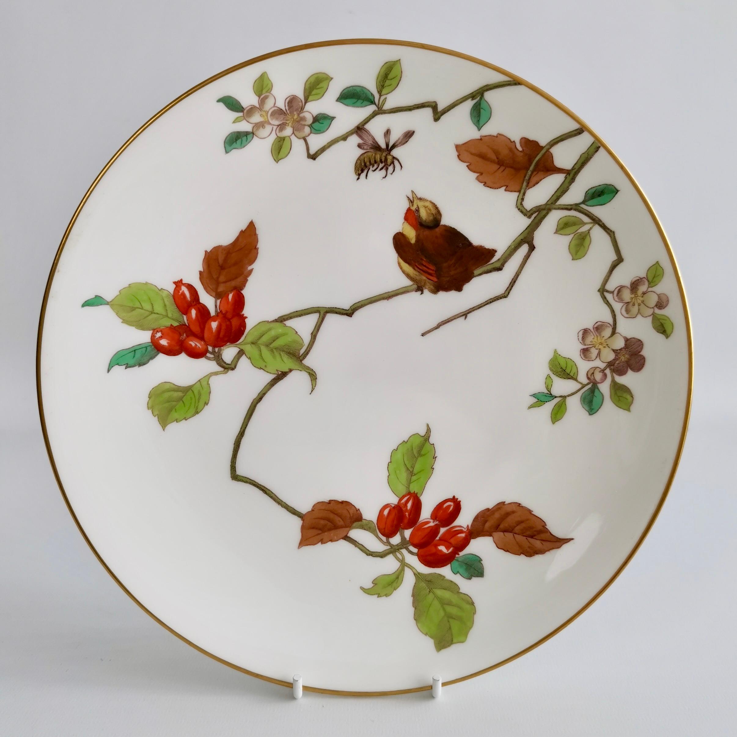 English Minton Set of Six Plates, White with Essex Birds, Aesthetic Movement 1888