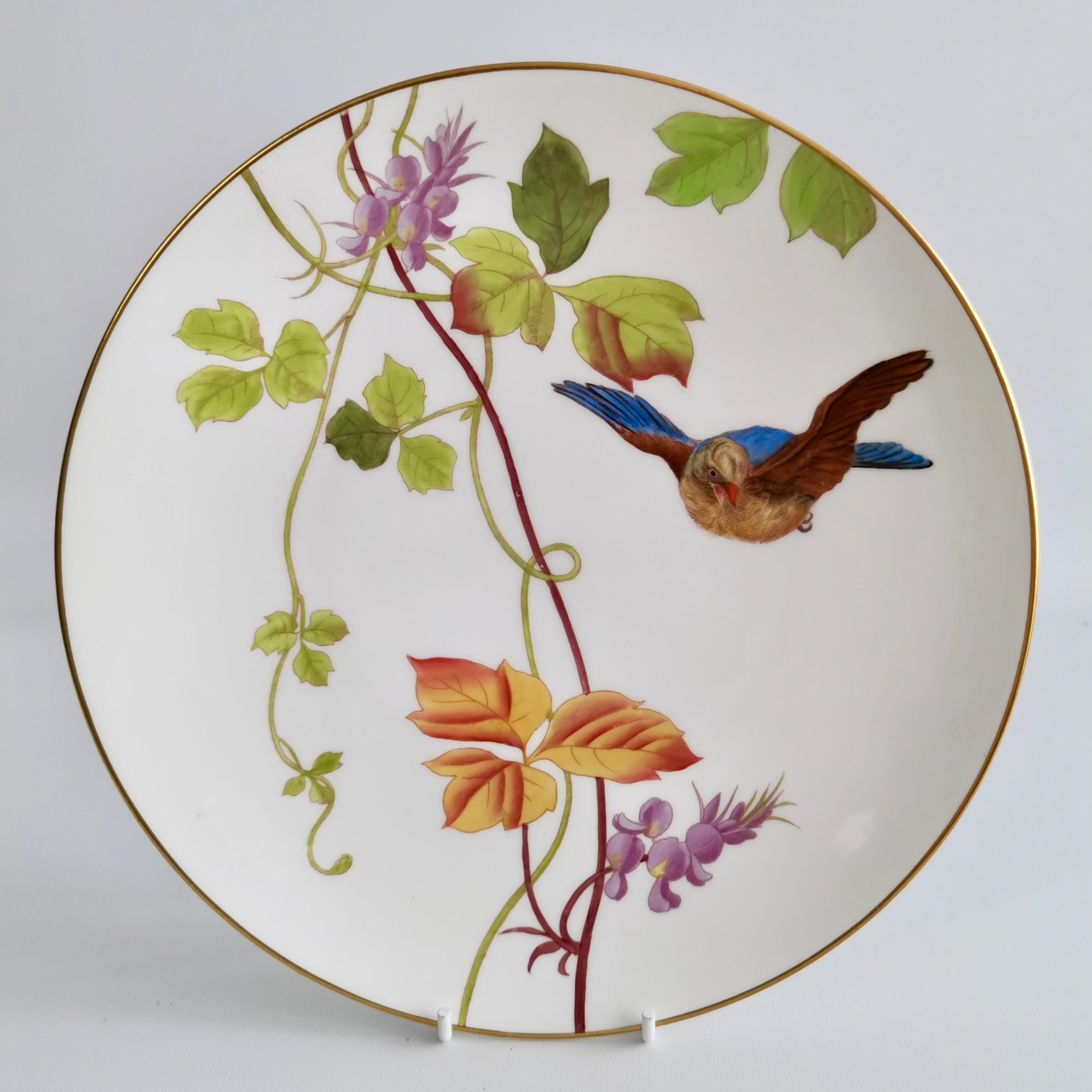 Hand-Painted Minton Set of Six Plates, White with Essex Birds, Aesthetic Movement 1888