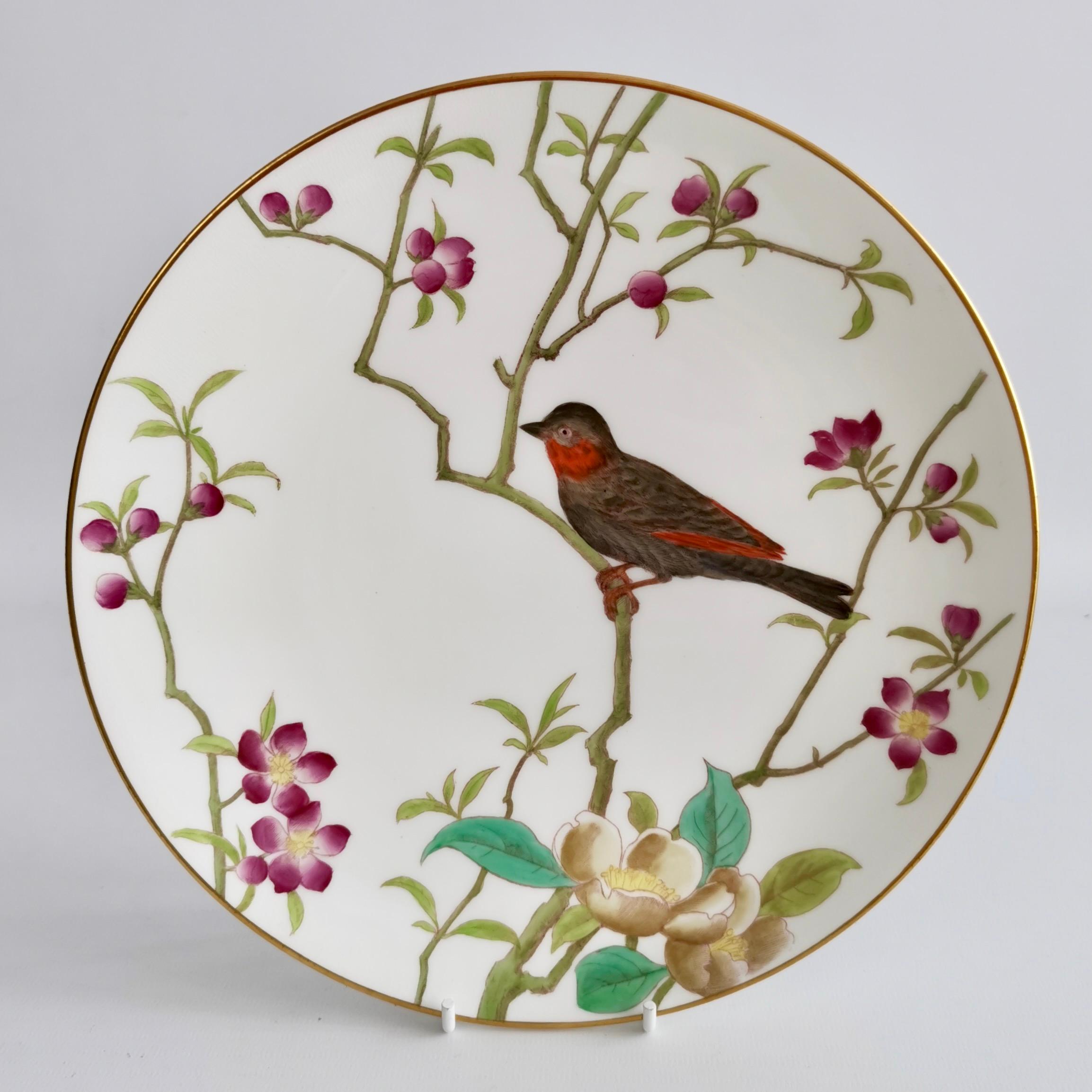 Late 19th Century Minton Set of Six Plates, White with Essex Birds, Aesthetic Movement 1888