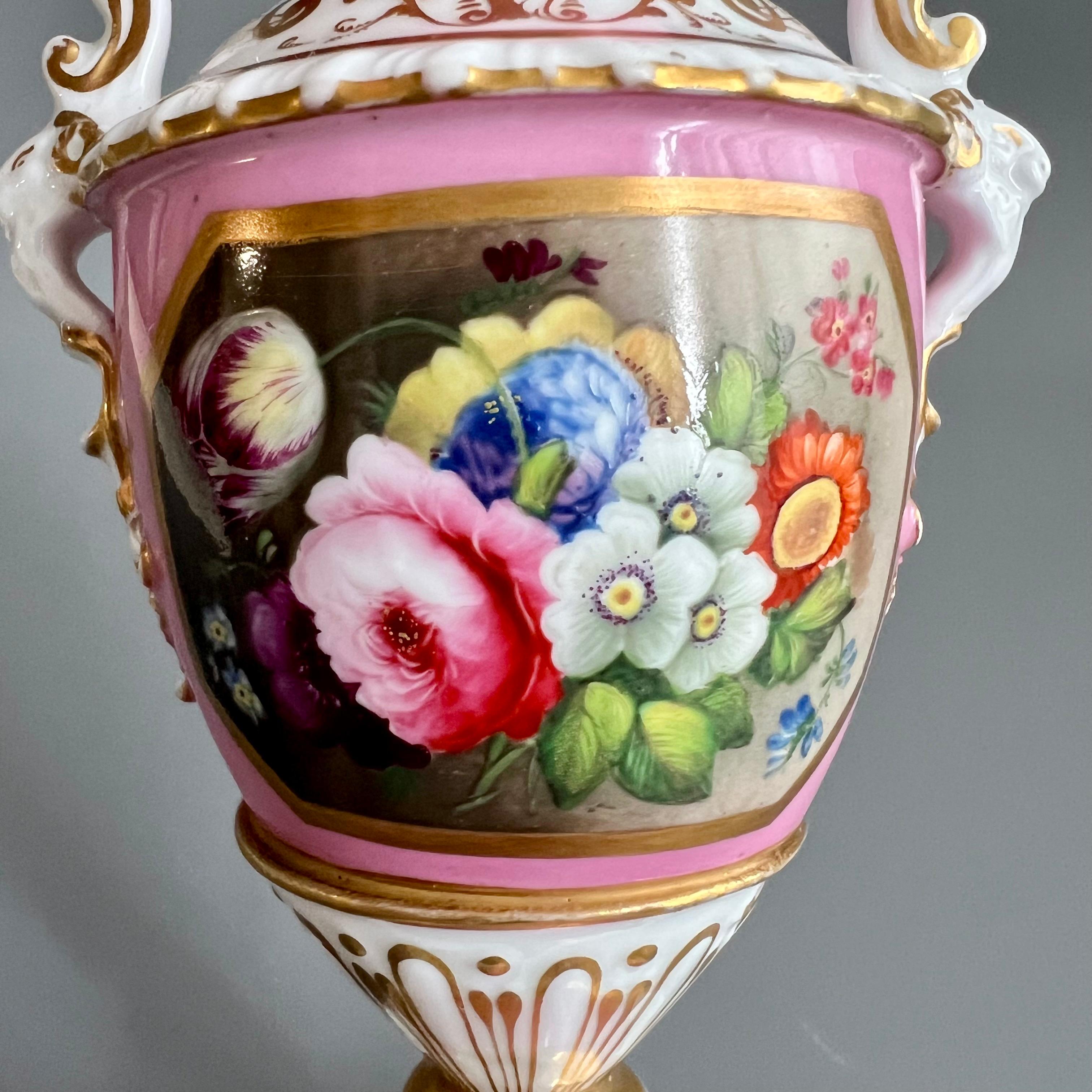 Minton Small Vase, Elgin Shape Pink with Floral Reserve, Rococo Revival ca 1835 3