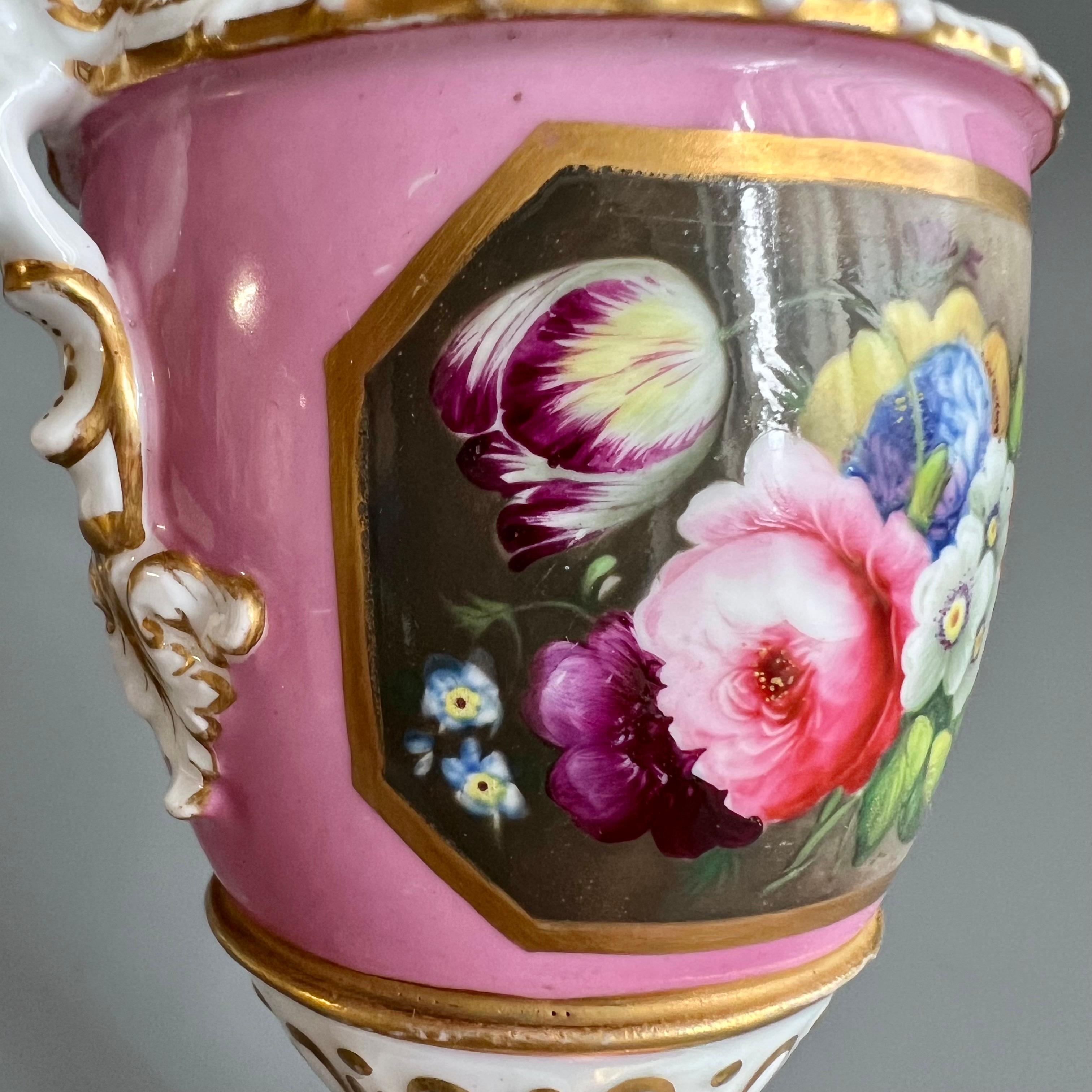 Minton Small Vase, Elgin Shape Pink with Floral Reserve, Rococo Revival ca 1835 4
