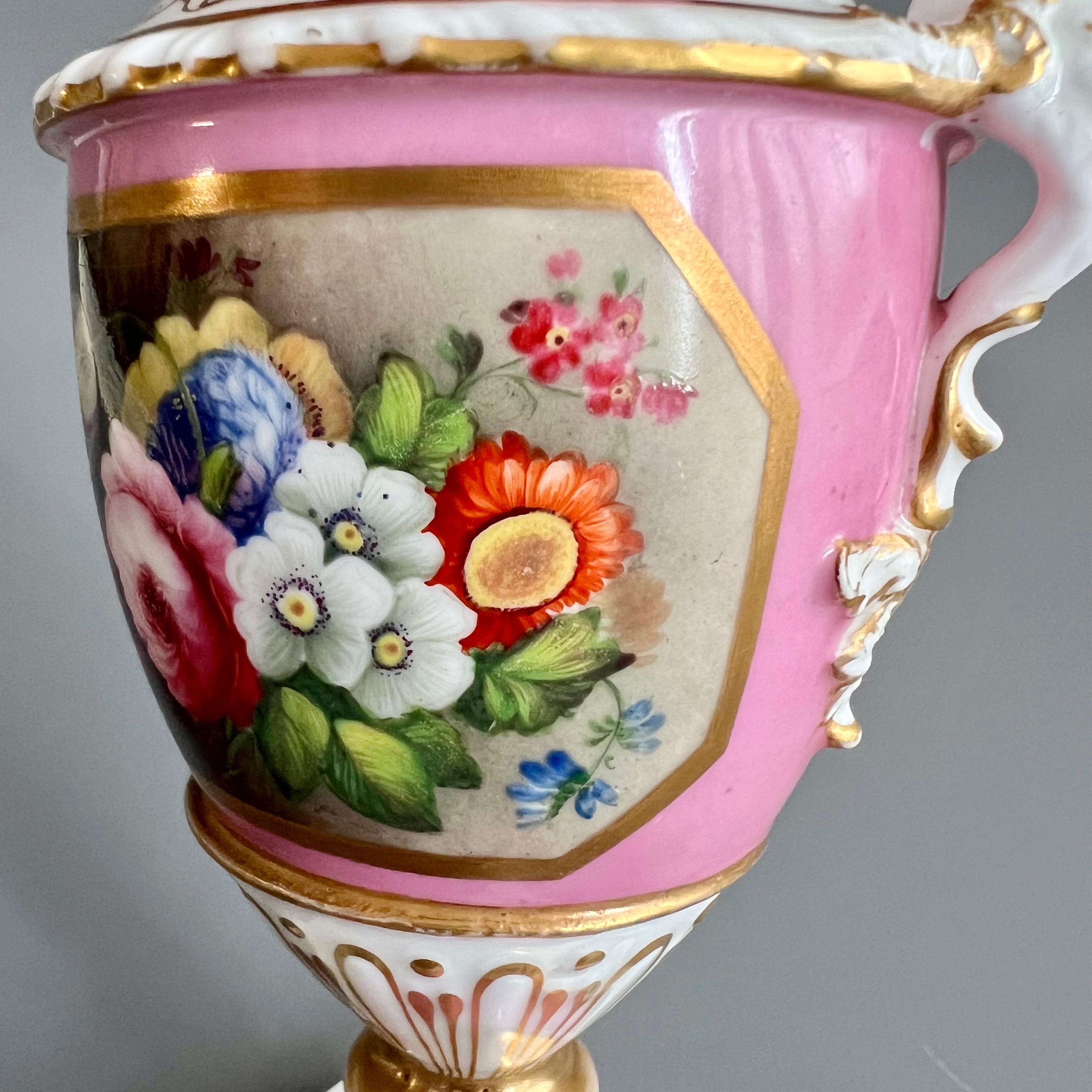 Minton Small Vase, Elgin Shape Pink with Floral Reserve, Rococo Revival ca 1835 5
