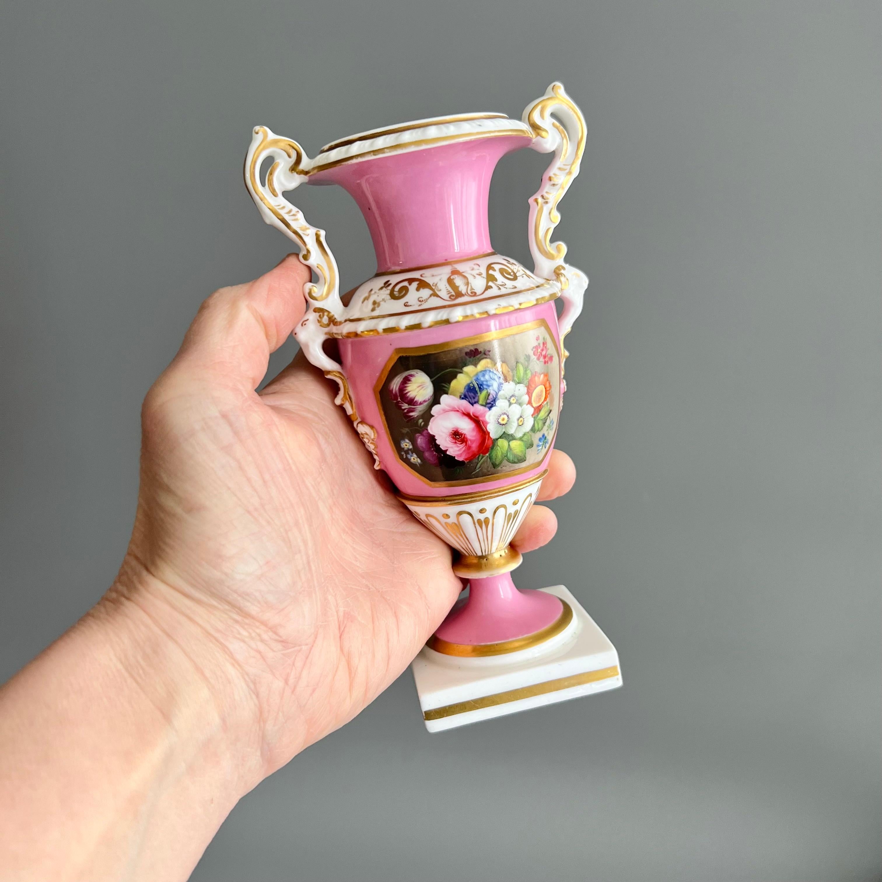 English Minton Small Vase, Elgin Shape Pink with Floral Reserve, Rococo Revival ca 1835