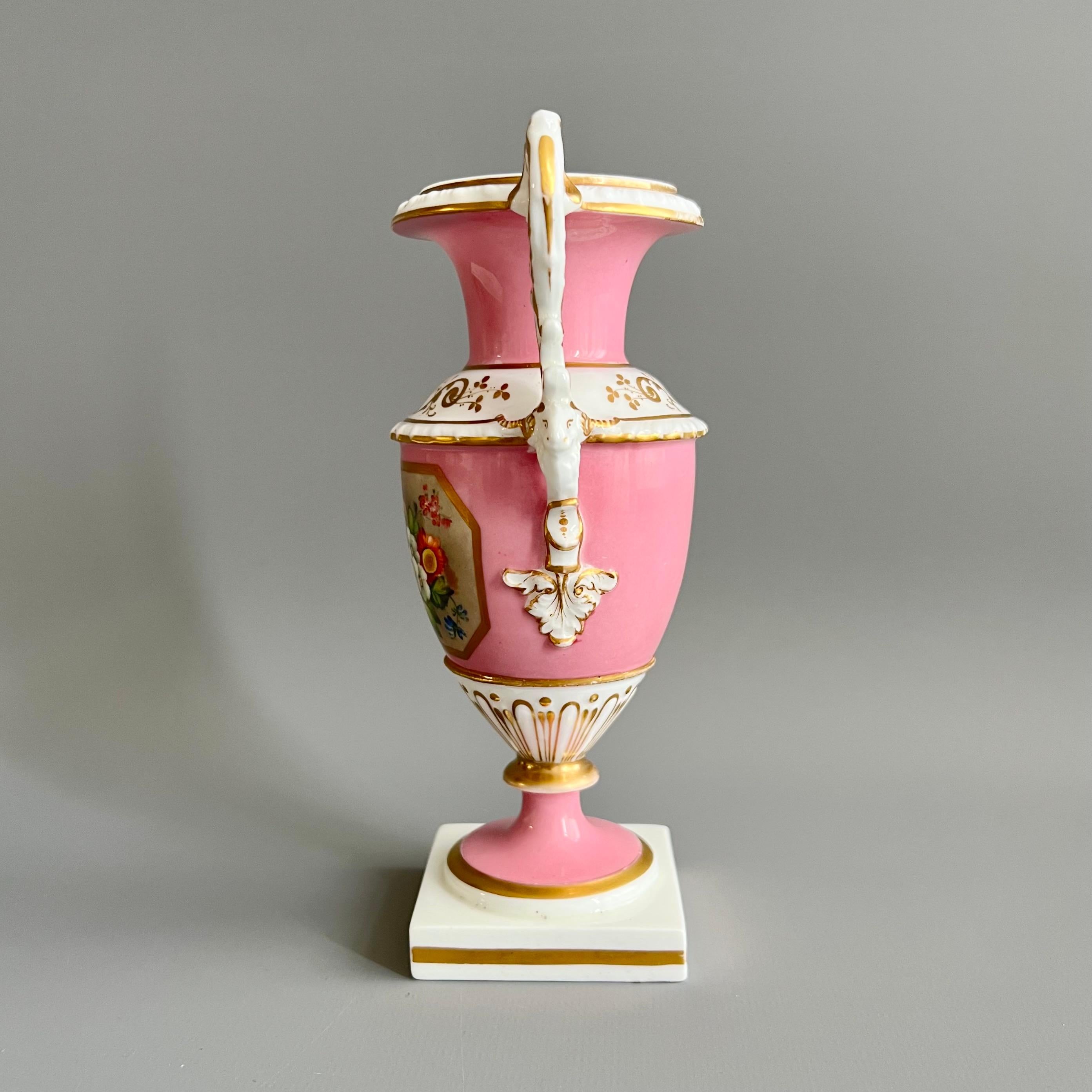Hand-Painted Minton Small Vase, Elgin Shape Pink with Floral Reserve, Rococo Revival ca 1835