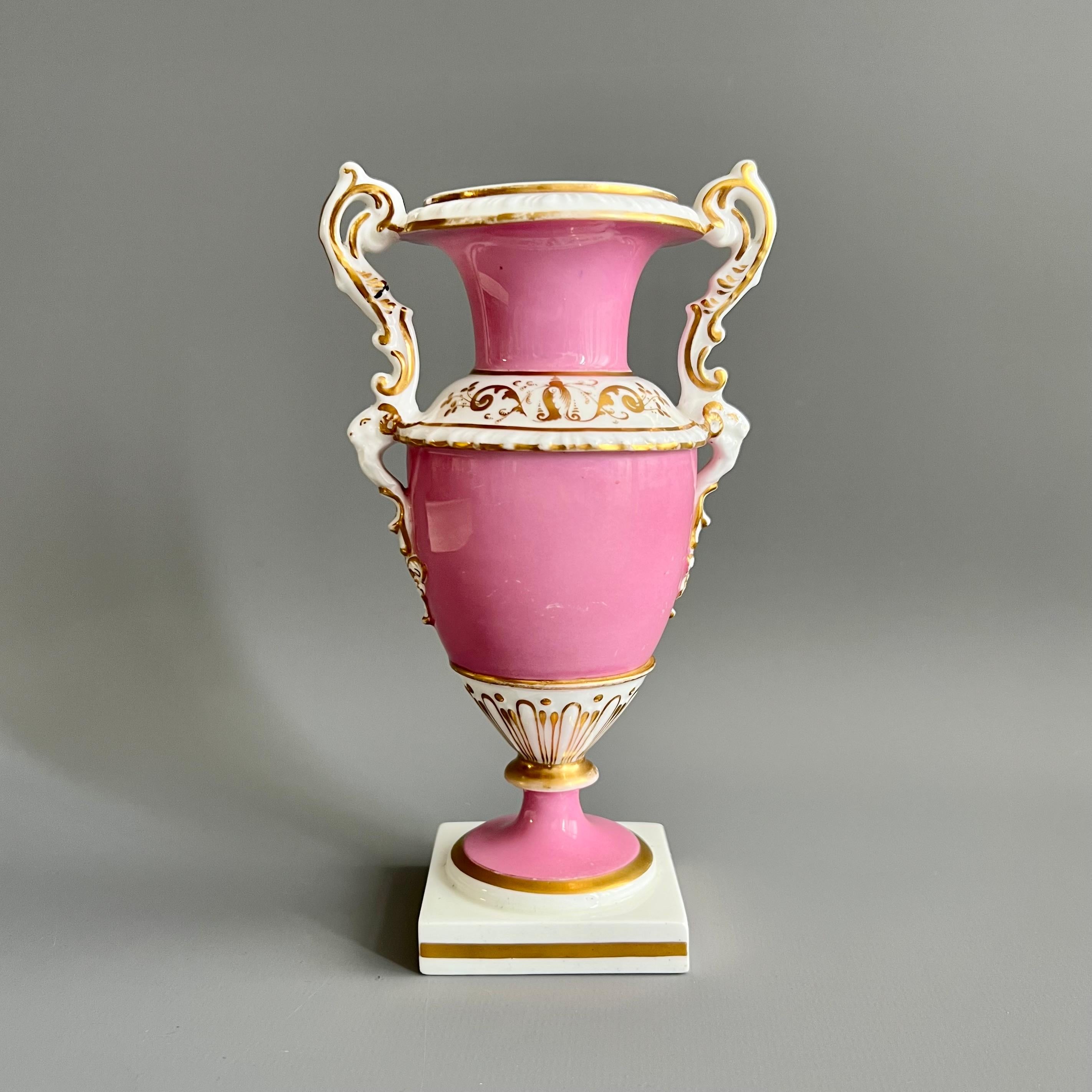 Minton Small Vase, Elgin Shape Pink with Floral Reserve, Rococo Revival ca 1835 In Good Condition In London, GB