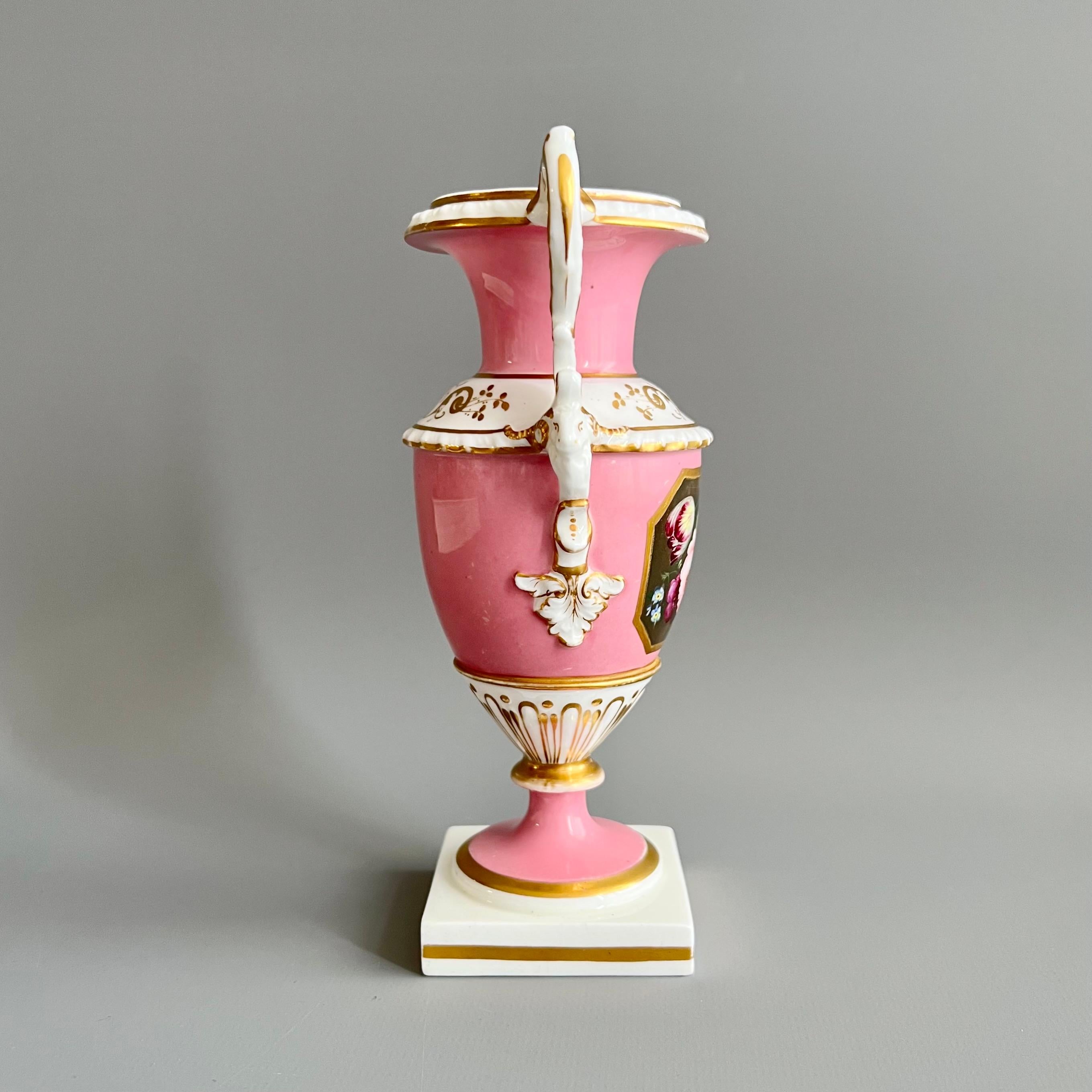 Mid-19th Century Minton Small Vase, Elgin Shape Pink with Floral Reserve, Rococo Revival ca 1835