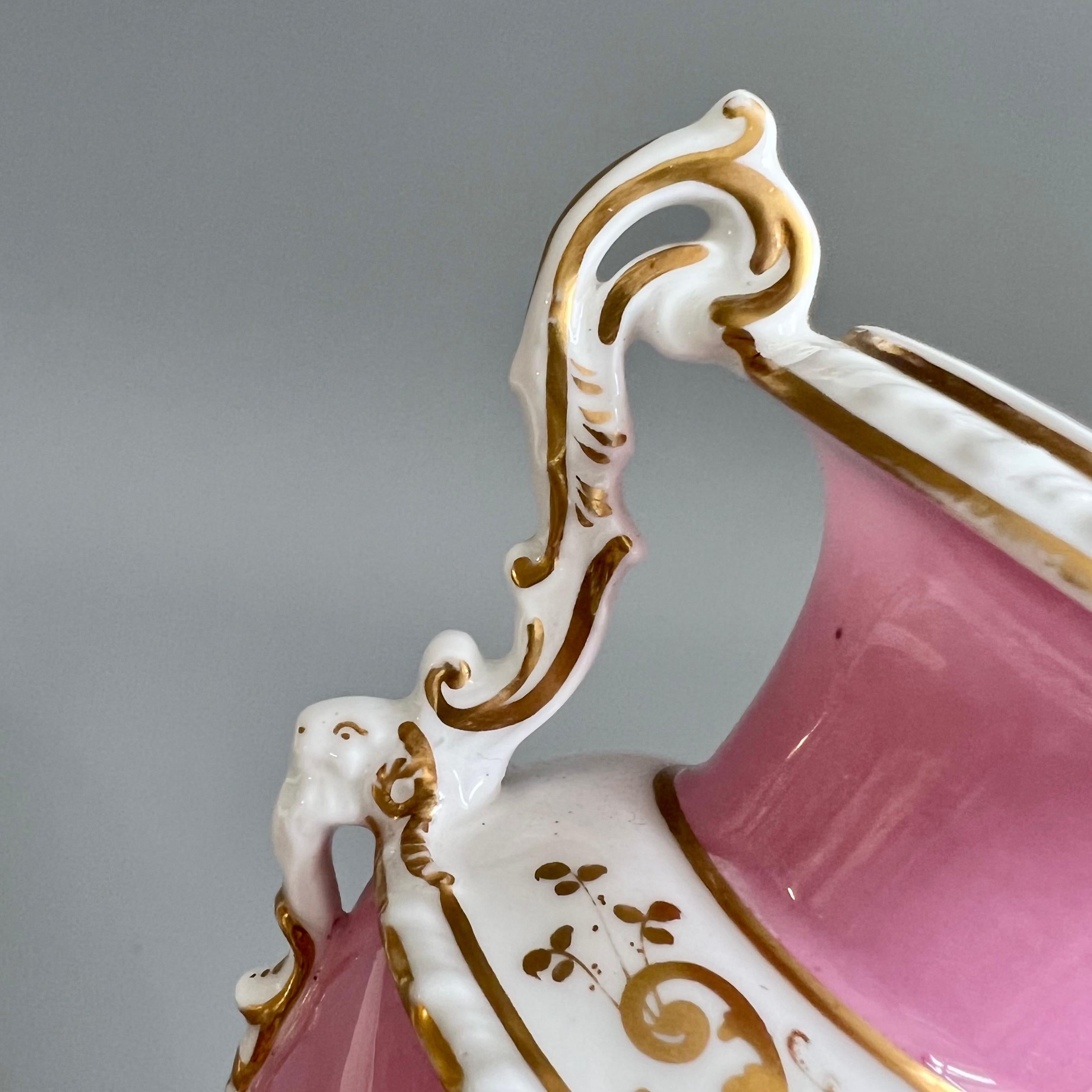 Porcelain Minton Small Vase, Elgin Shape Pink with Floral Reserve, Rococo Revival ca 1835