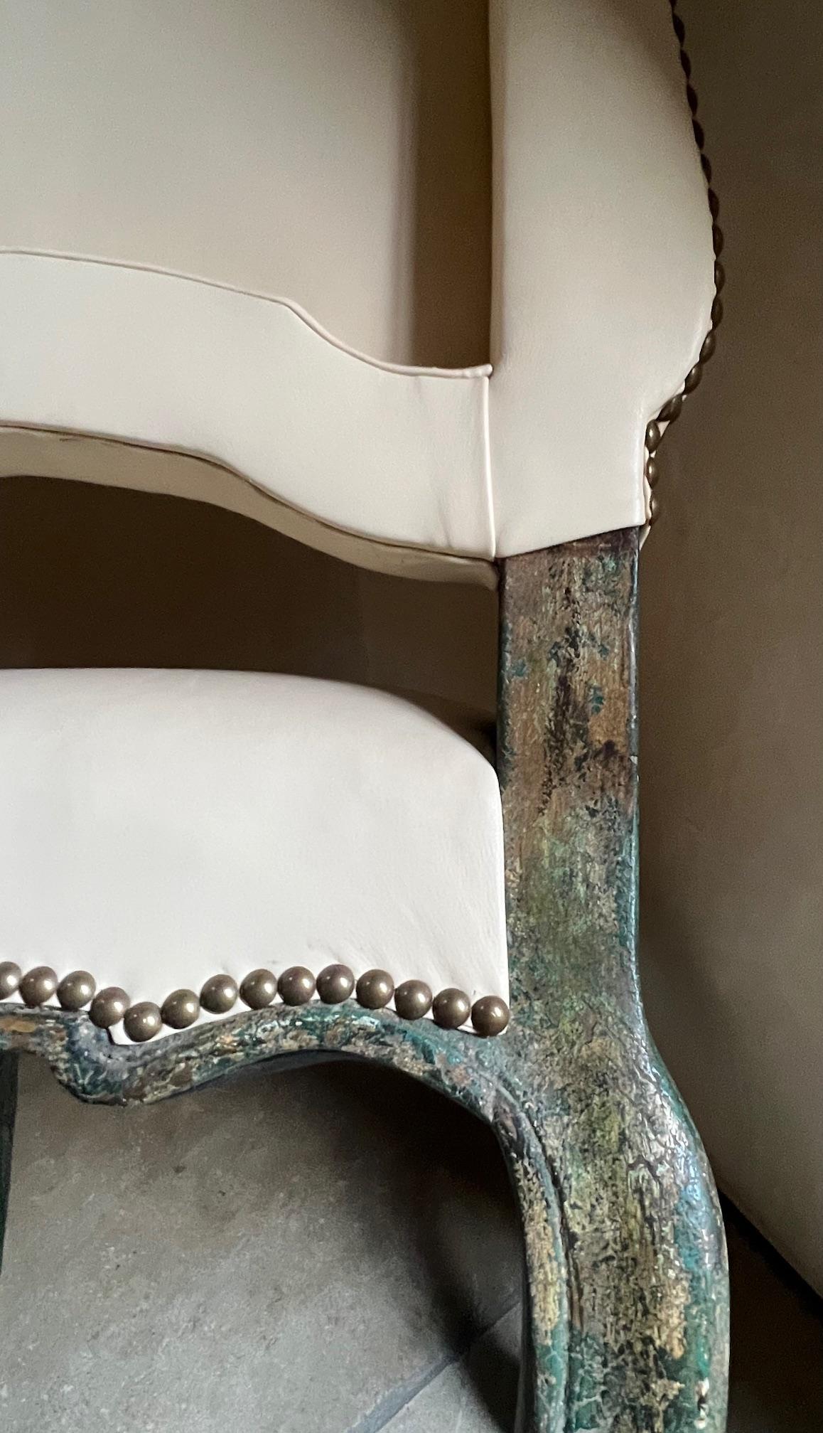 Minton-Spidell Chair in Leather & Distressed Apple Jade Finish In Good Condition In Ross, CA